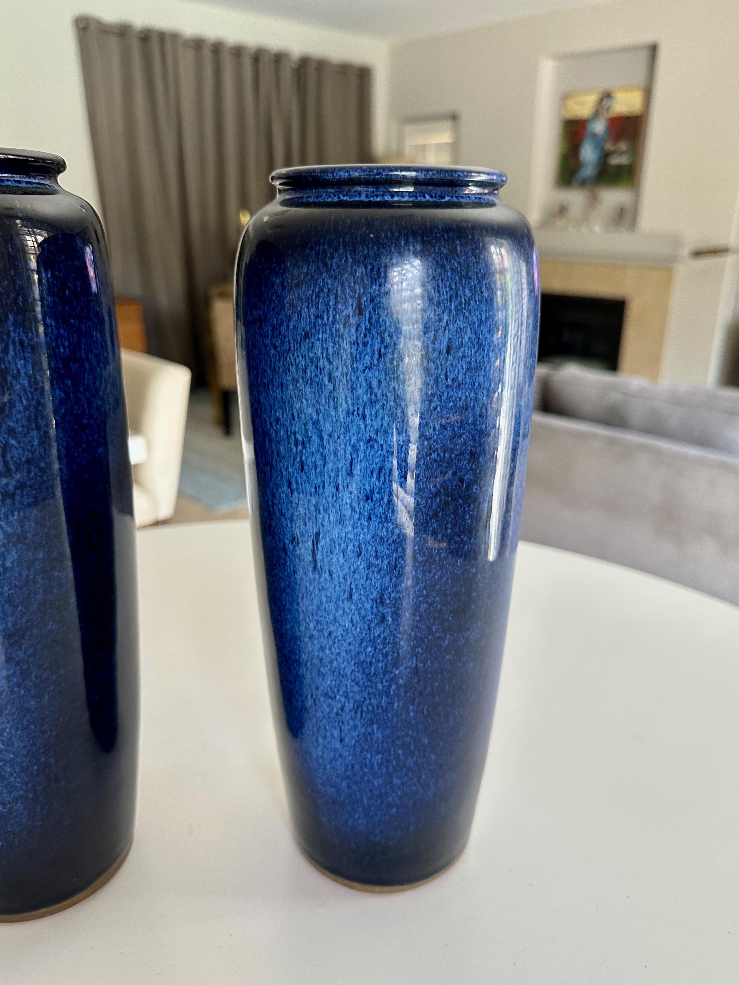 Pair Japanese Cobalt Blue Flambe Mottled Pottery Vases For Sale 4