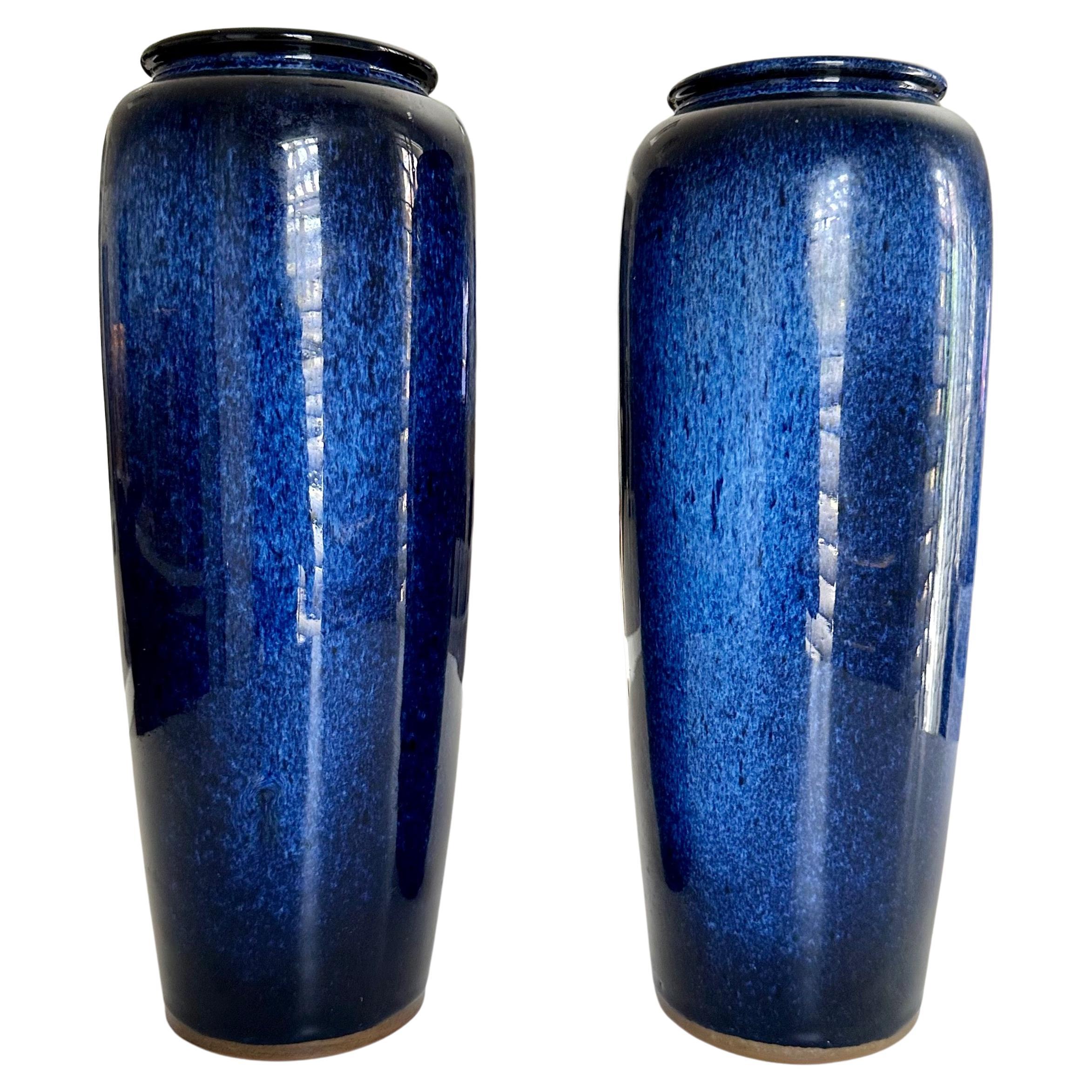 Pair Japanese Cobalt Blue Flambe Mottled Pottery Vases For Sale
