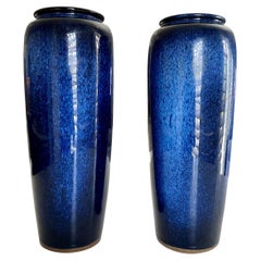 Vintage Pair Japanese Cobalt Blue Flambe Mottled Pottery Vases