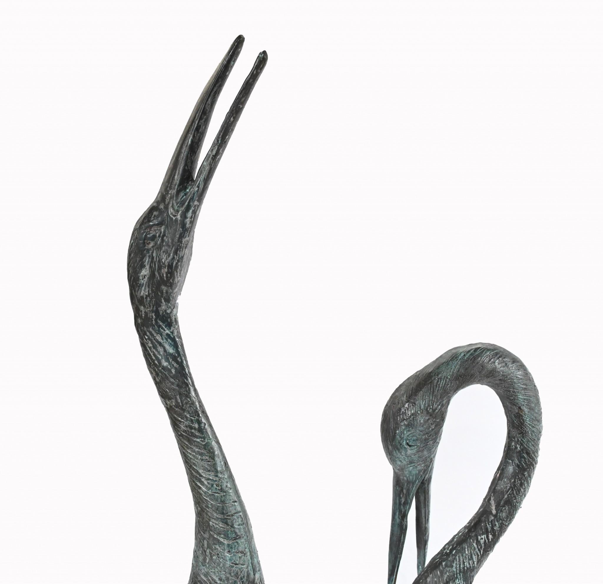 Pair Japanese Cranes - Bronze Garden Water Birds Stork Flamingo In Good Condition In Potters Bar, GB