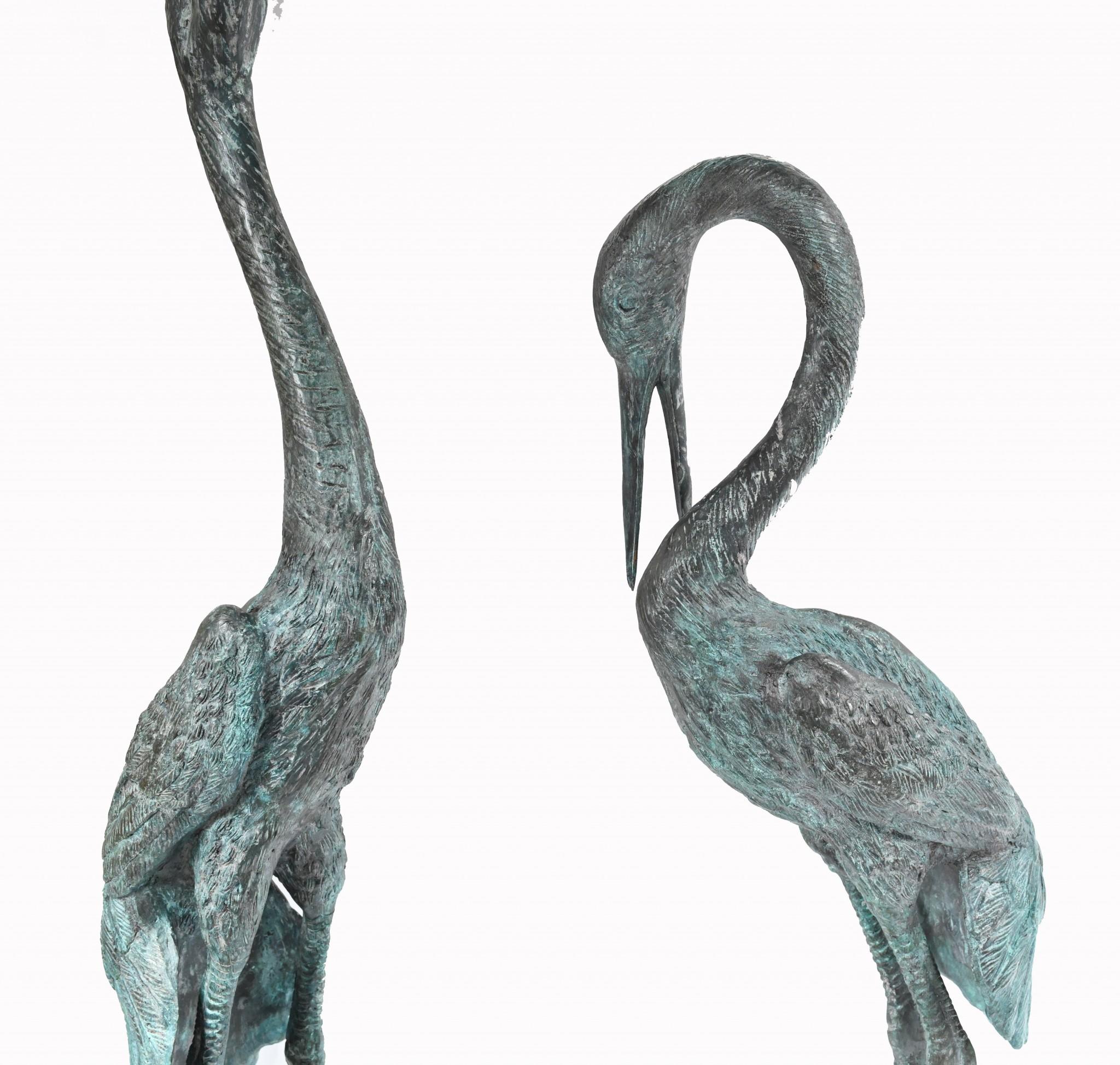 Late 20th Century Pair Japanese Cranes - Bronze Garden Water Birds Stork Flamingo