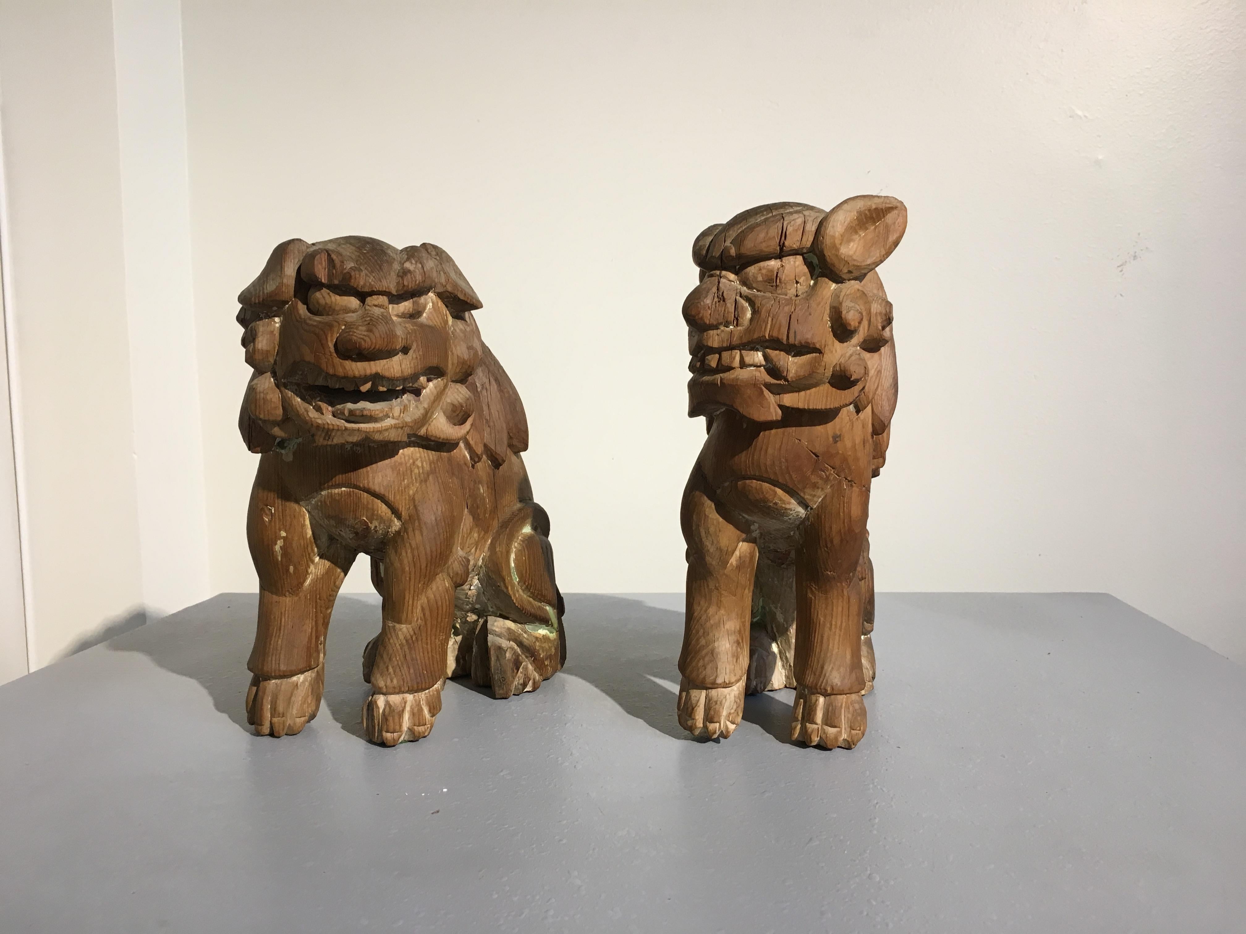 Hand-Carved Japanese Edo Period Carved Wood Foo Lion Dogs, Komainu, Early 19th Century, Pair