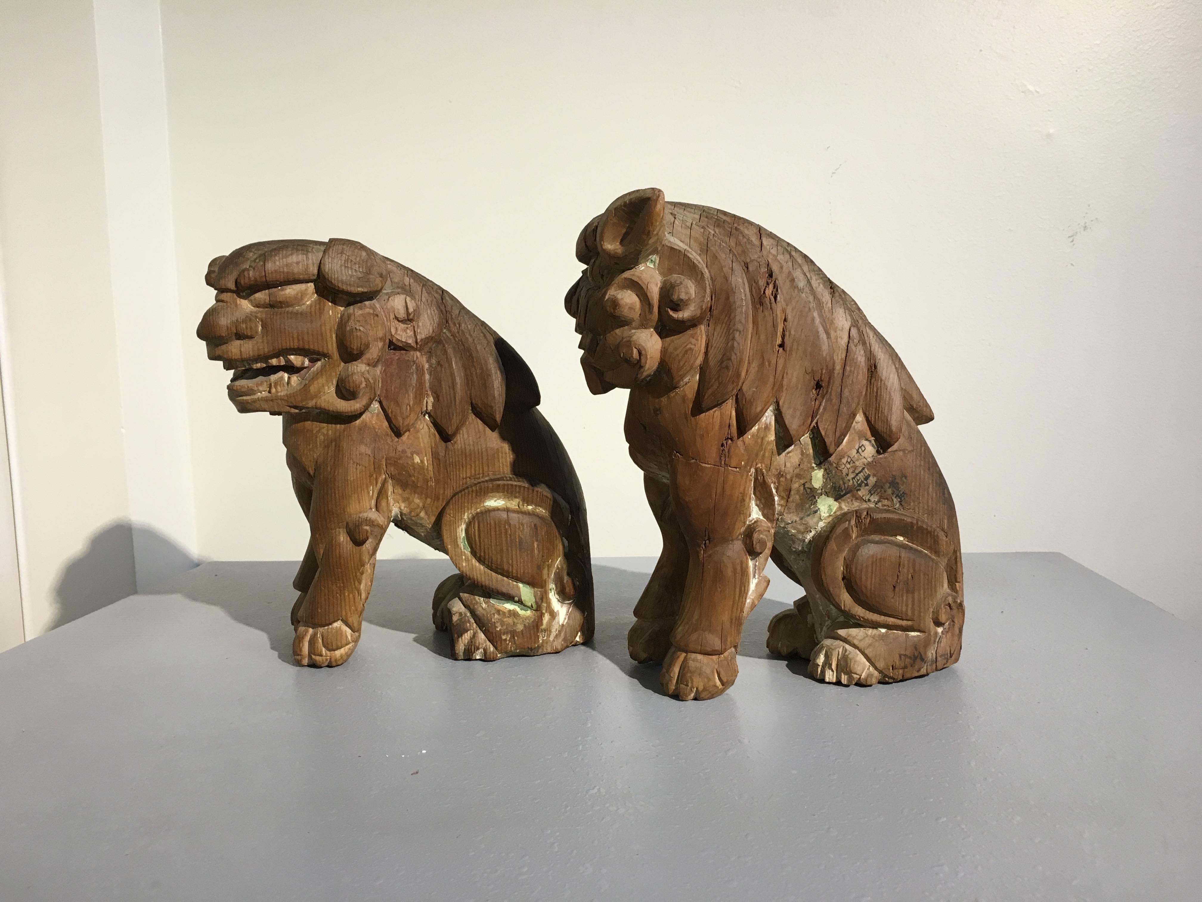 Japanese Edo Period Carved Wood Foo Lion Dogs, Komainu, Early 19th Century, Pair In Fair Condition In Austin, TX