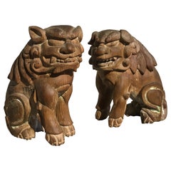 Chiens lion en bois sculpté de la période Edo:: Komainu:: début du 19e siècle:: paire