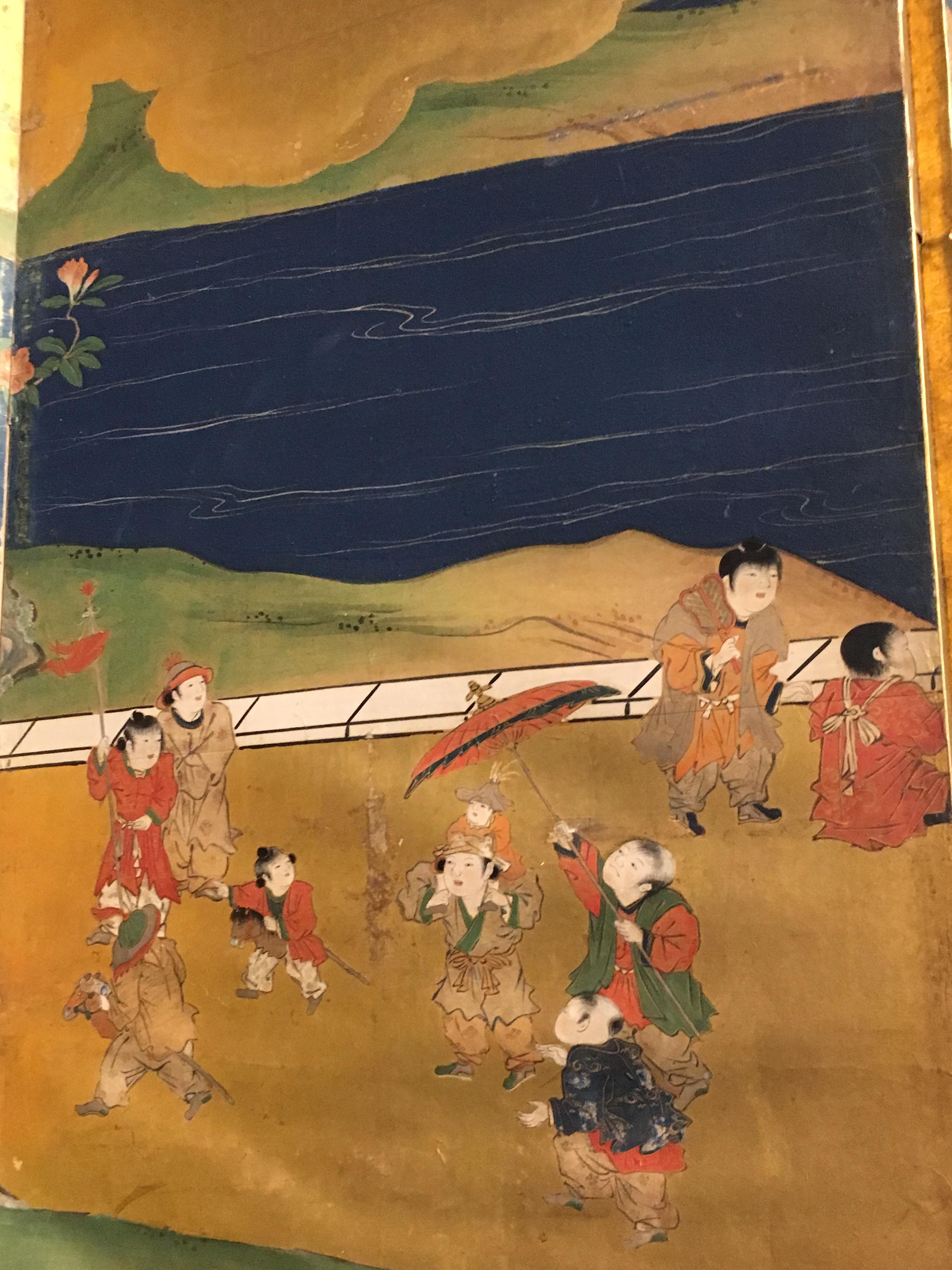 Paire de paravents japonais à six panneaux de la période Edo, « 100 Boys at Play » en vente 4