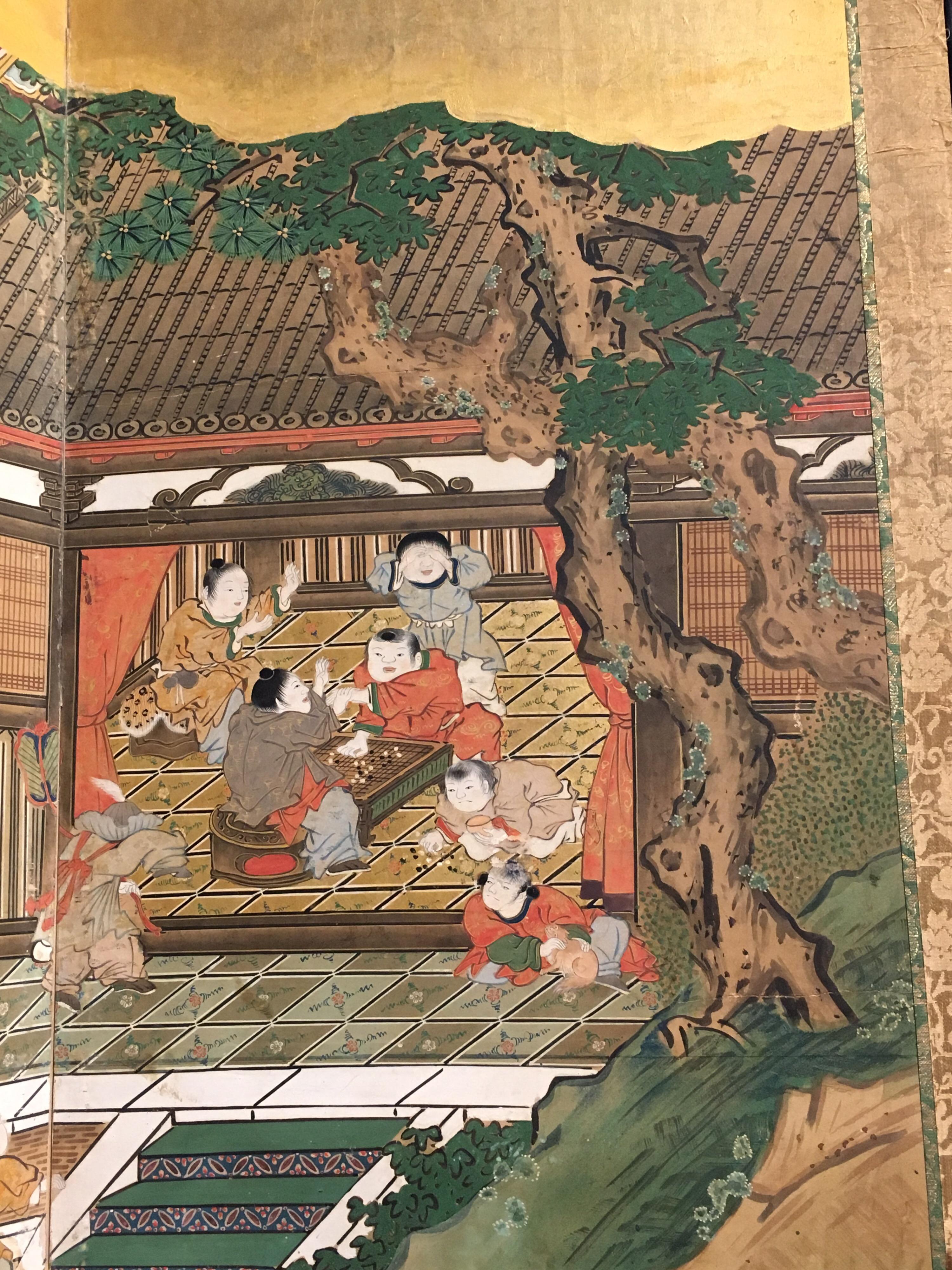 Paire de paravents japonais à six panneaux de la période Edo, « 100 Boys at Play » en vente 5