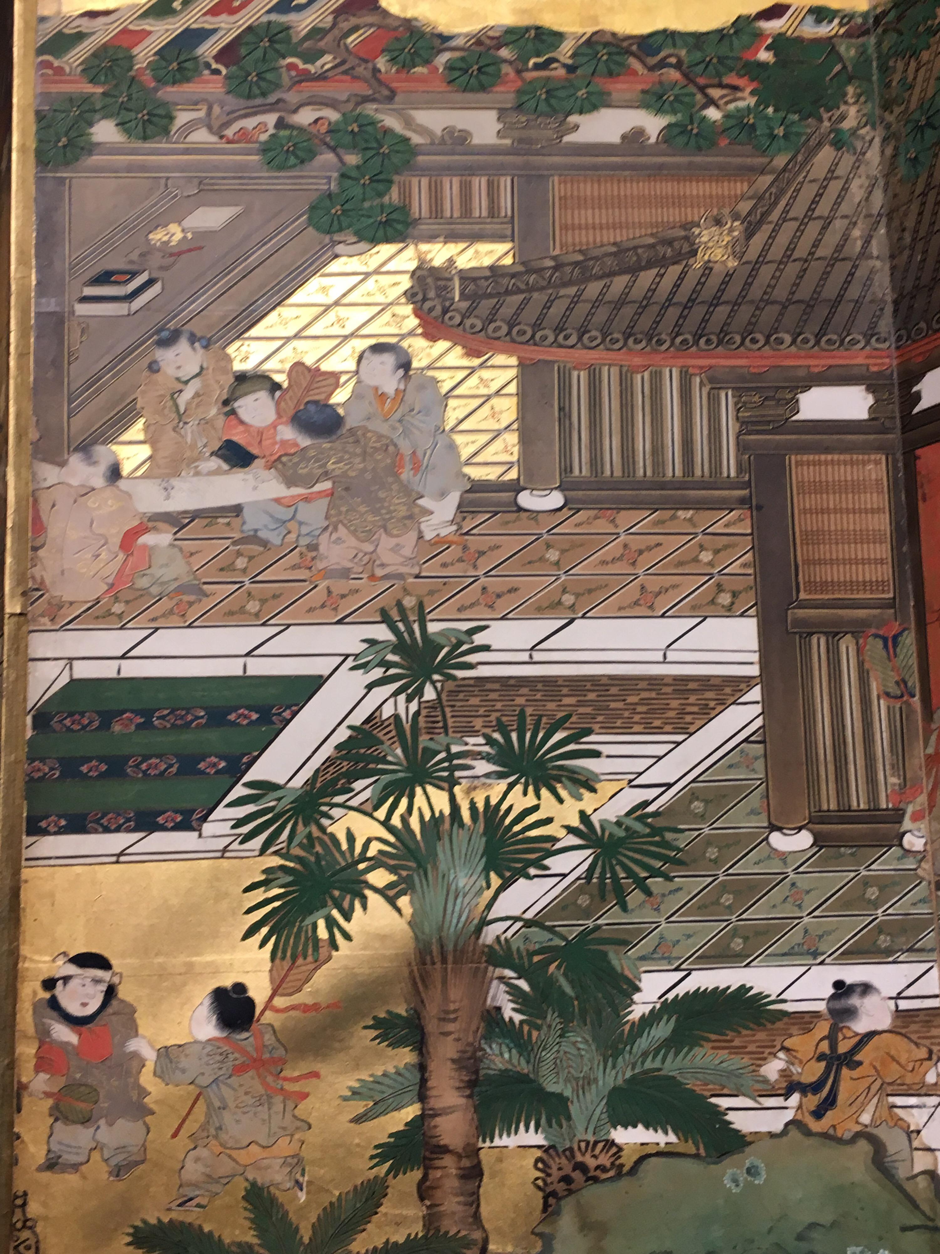 Paire de paravents japonais à six panneaux de la période Edo, « 100 Boys at Play » en vente 6
