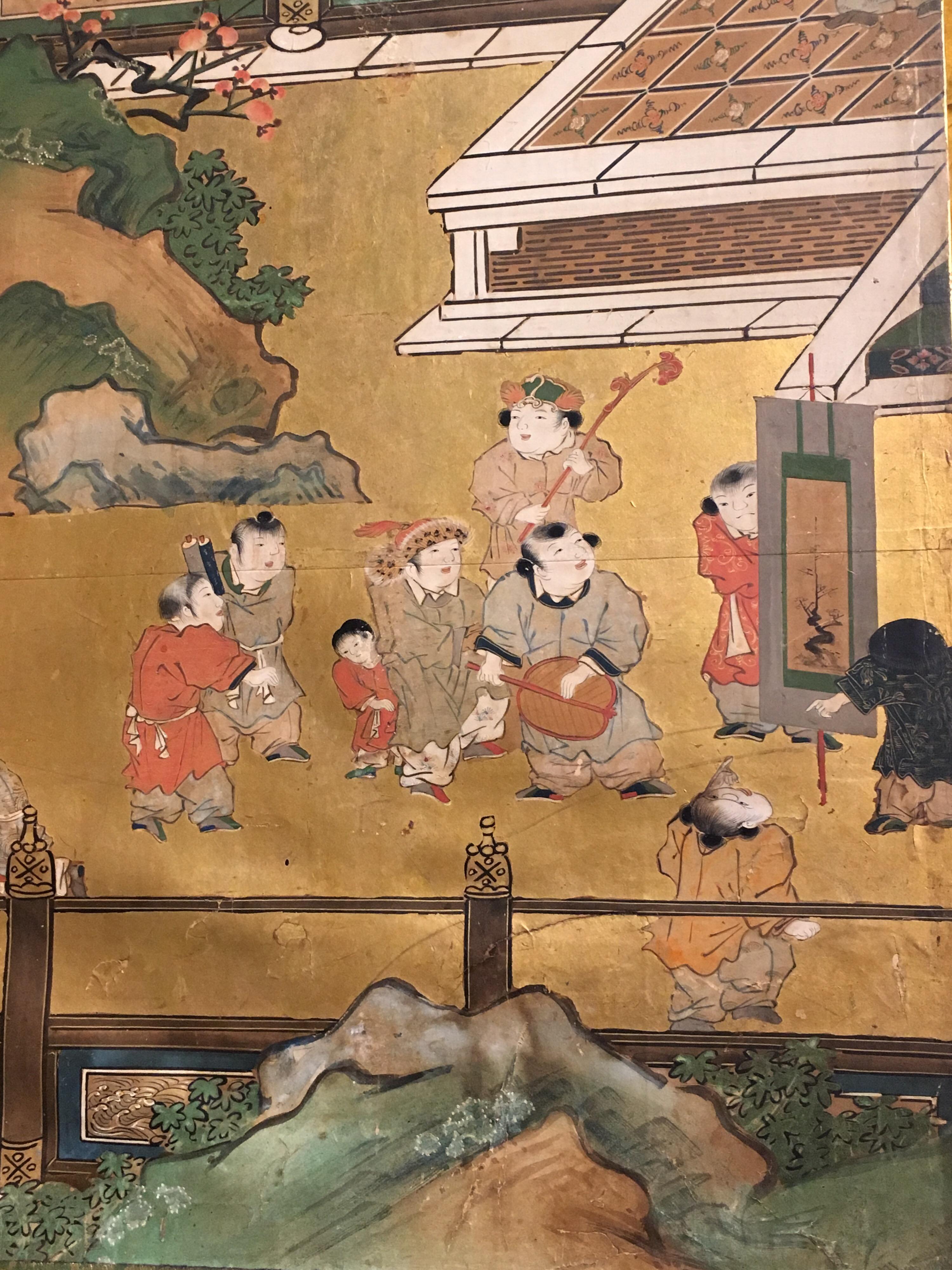 Paire de paravents japonais à six panneaux de la période Edo, « 100 Boys at Play » en vente 7