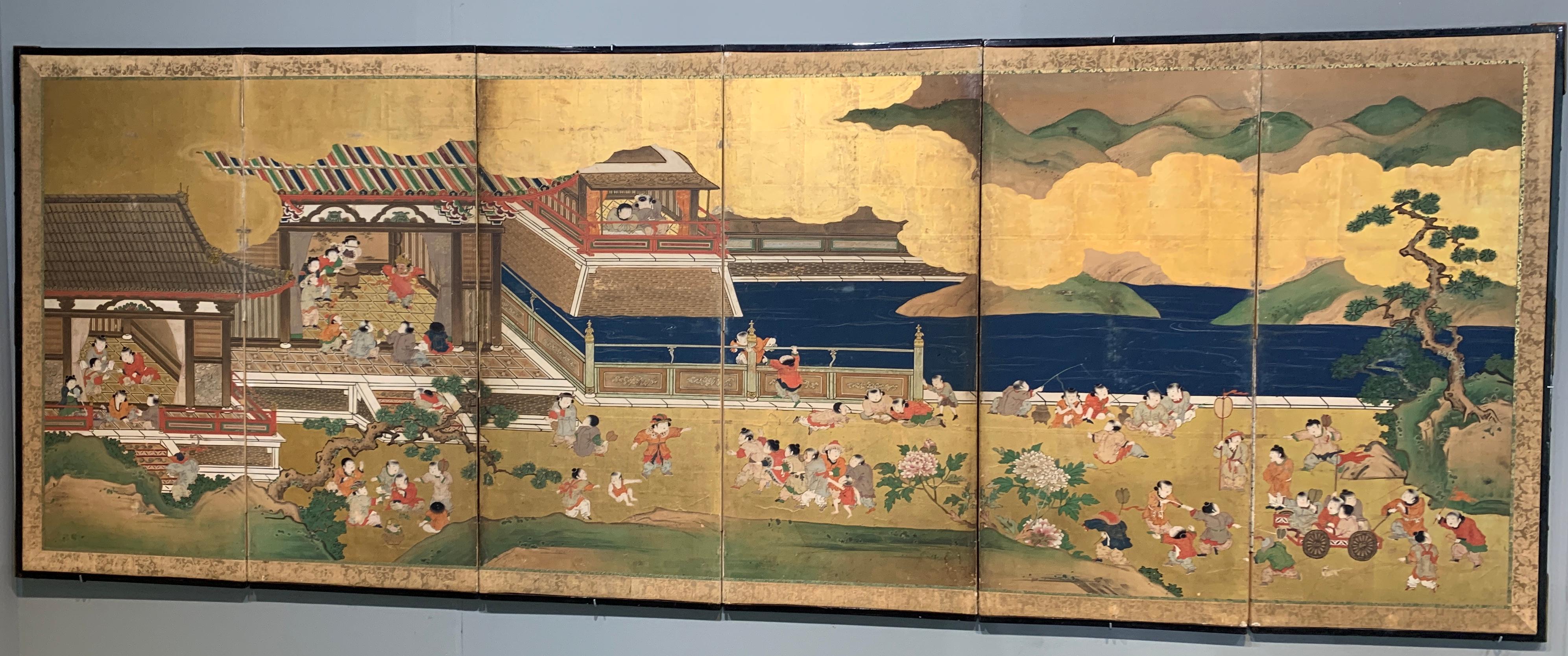 An absolutely charming pair of Japanese Tosa School six-panel folding screens painted with the 