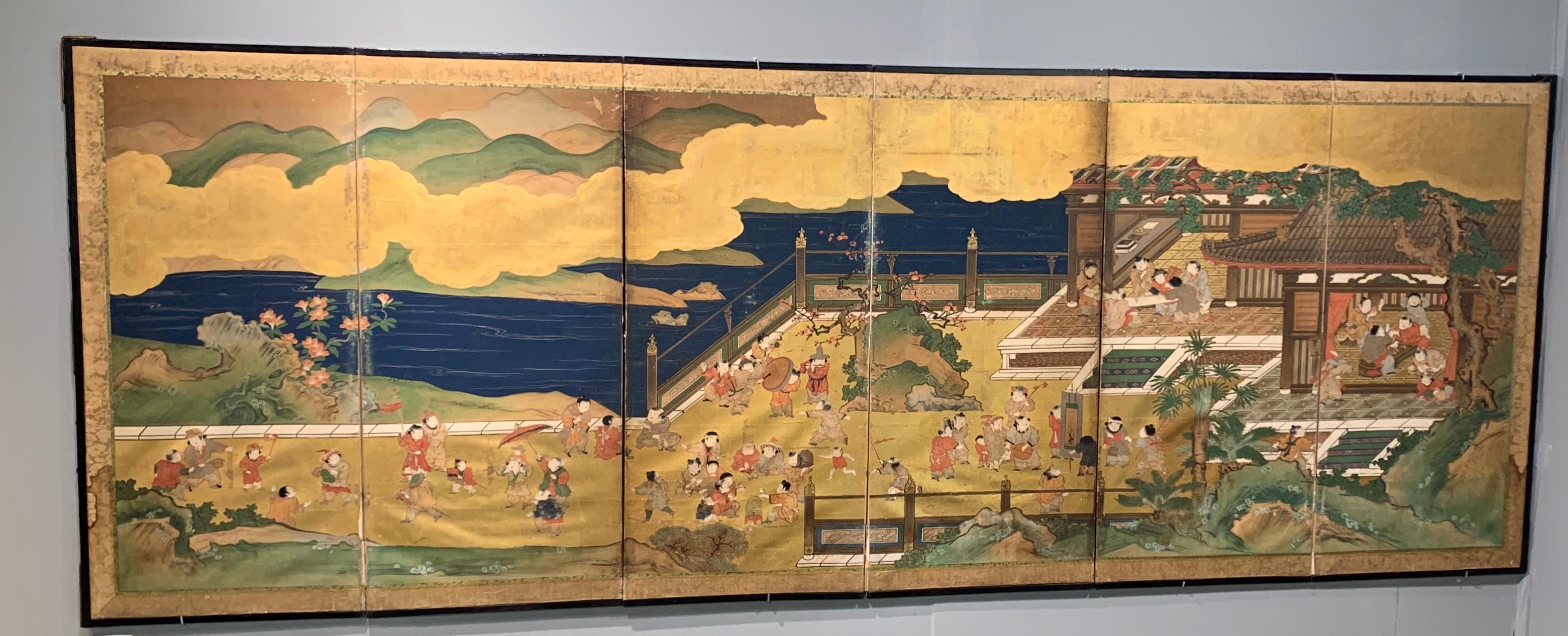 Japonais Paire de paravents japonais à six panneaux de la période Edo, « 100 Boys at Play » en vente