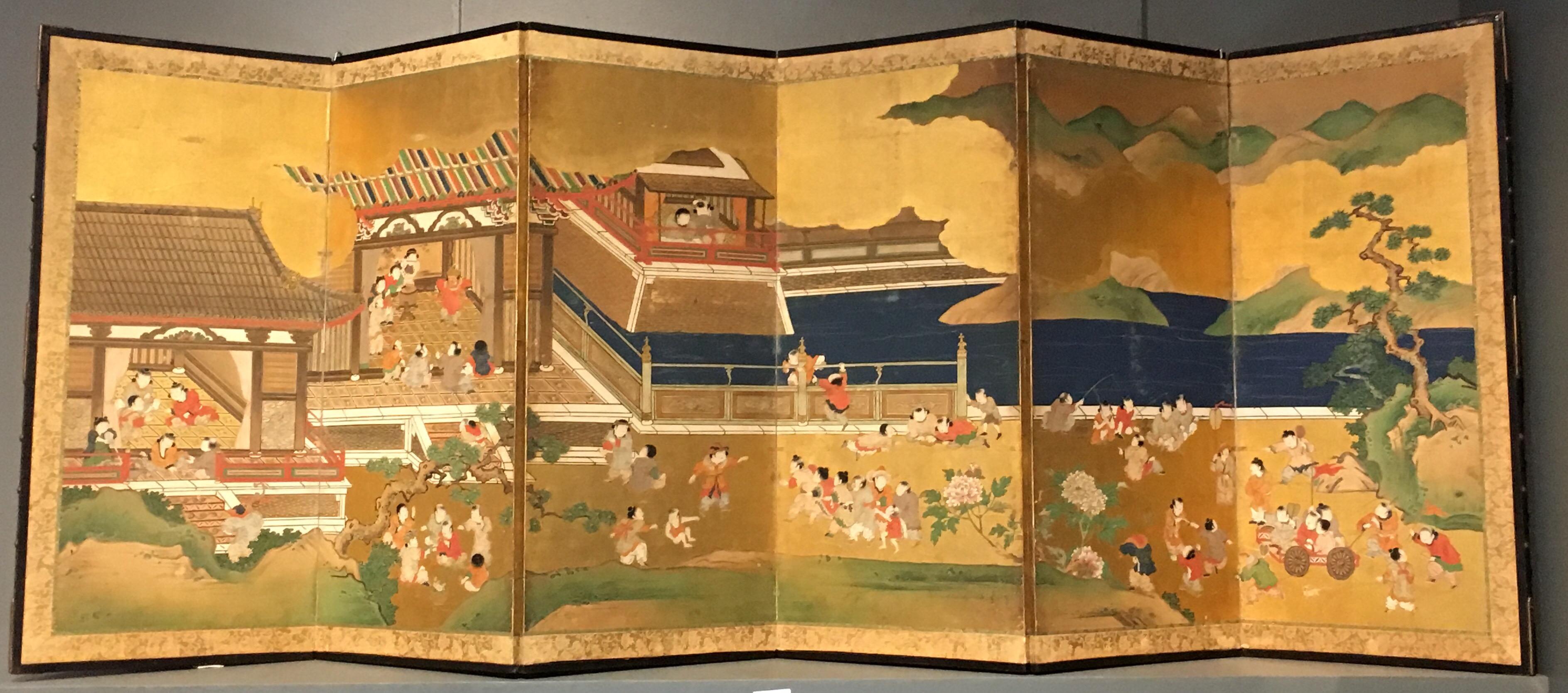 Laqué Paire de paravents japonais à six panneaux de la période Edo, « 100 Boys at Play » en vente
