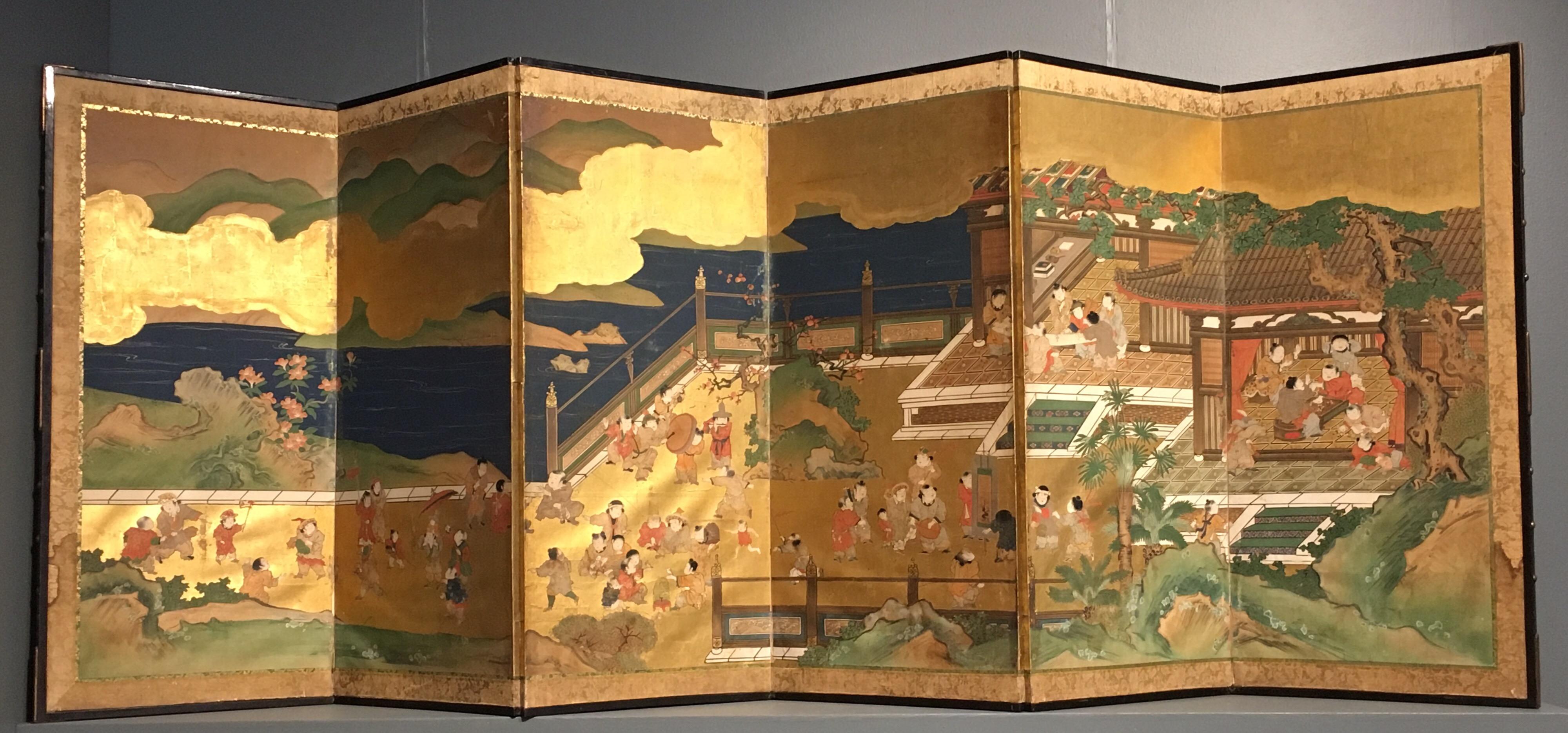 Lacquered Pair of Japanese Edo Period Six-Panel Screen, 