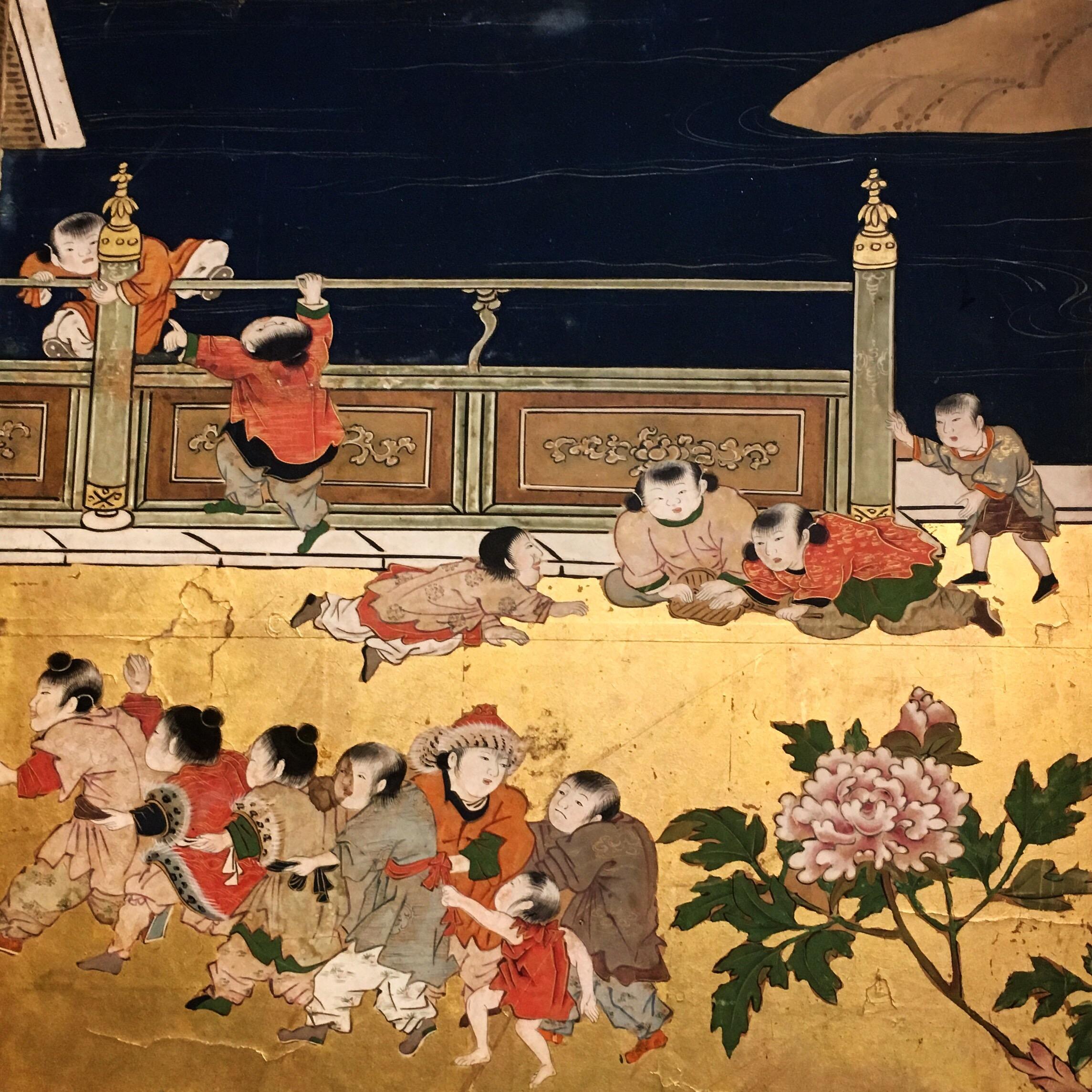 Paire de paravents japonais à six panneaux de la période Edo, « 100 Boys at Play » en vente 1