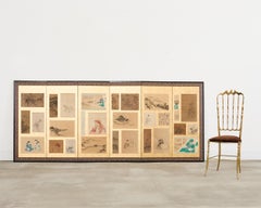 Pair Japanese Edo Six Panel Harimaze Decoupage Screens