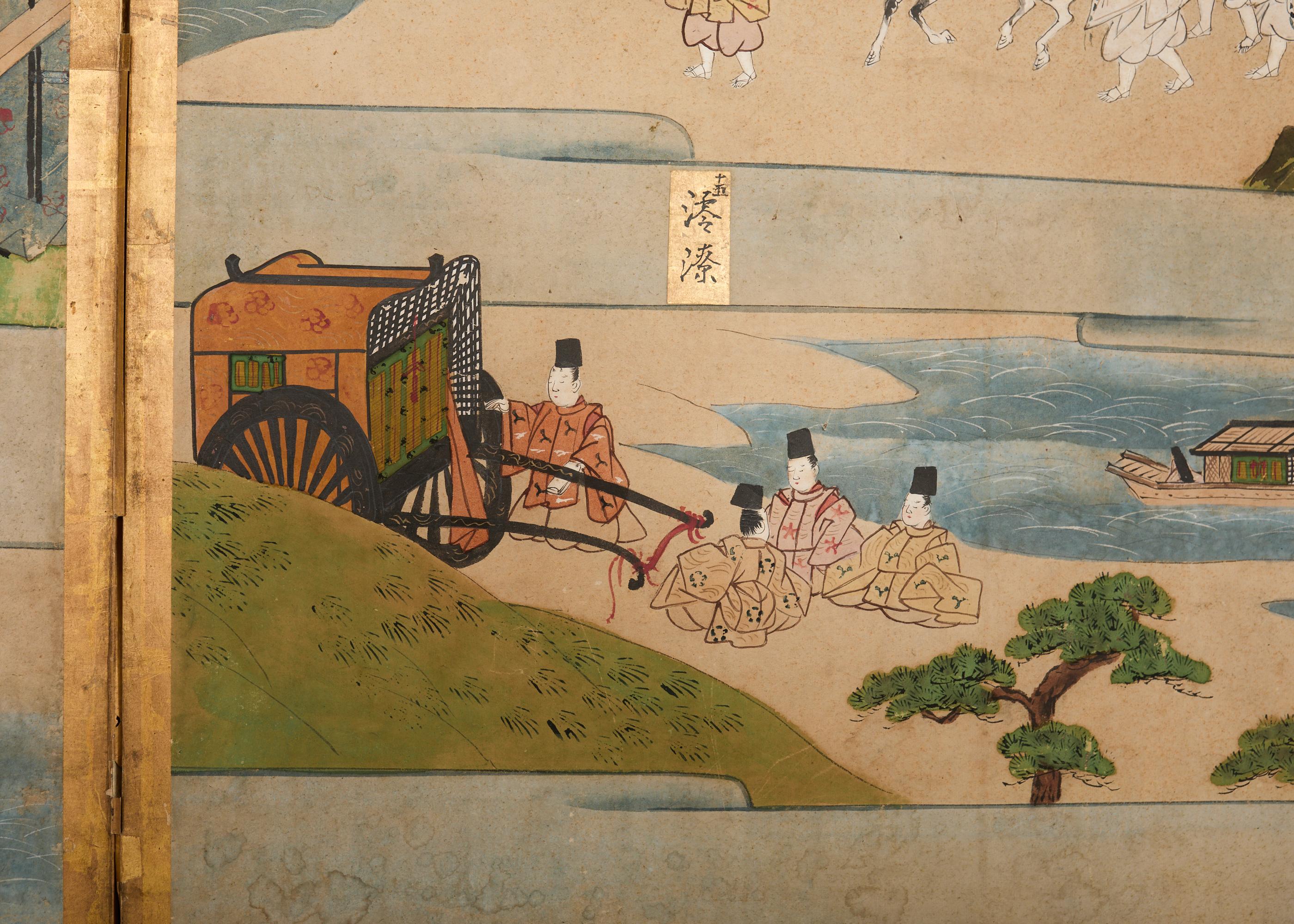 Paar japanische Edo sechs Panel Bildschirme Tale of Genji im Angebot 4