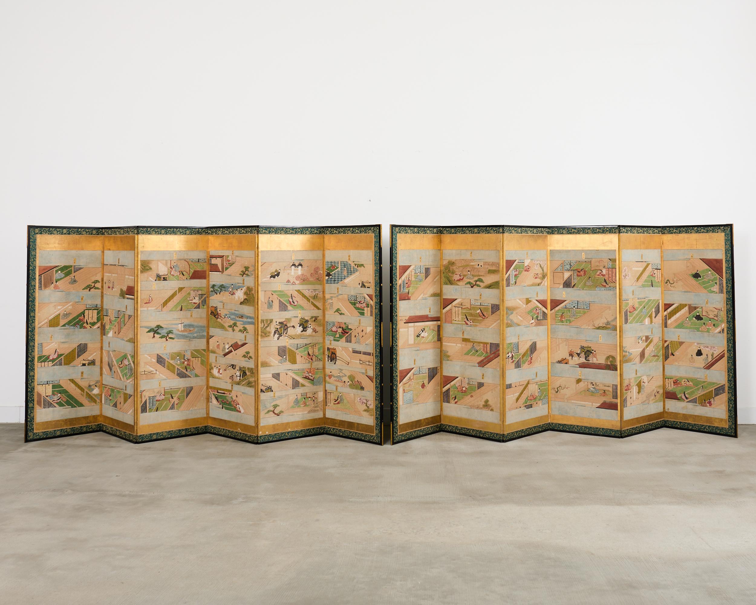 Unvergleichliches Paar japanischer Byobu-Faltwände aus der Edo-Zeit des späten 18. Jahrhunderts, die alle 54 Kapitel der Genji-Geschichte in Vignetten darstellen. Jede Abbildung ist mit einem Label in einer Kartusche versehen, das die Nummer und den