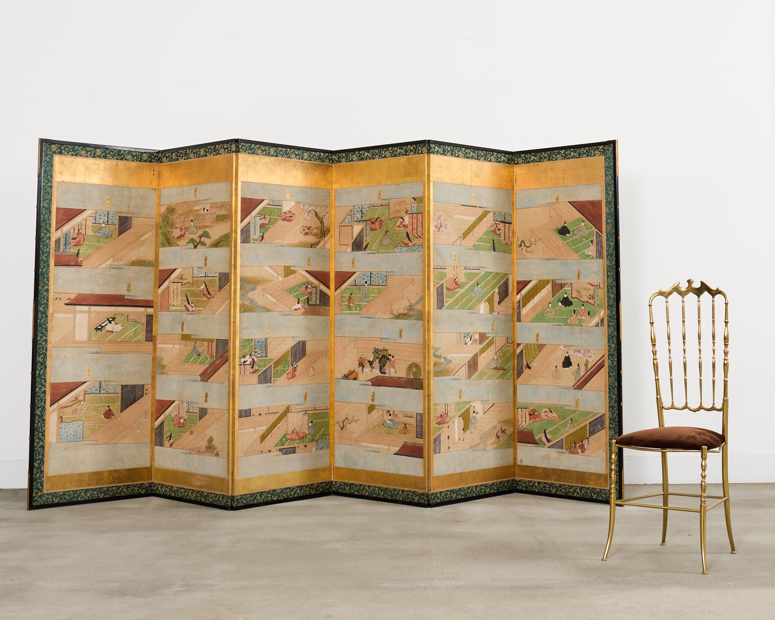 Paar japanische Edo sechs Panel Bildschirme Tale of Genji (Japanisch) im Angebot