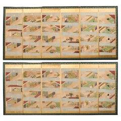 Pair Japanese Edo Six Panel Screens Tale of Genji