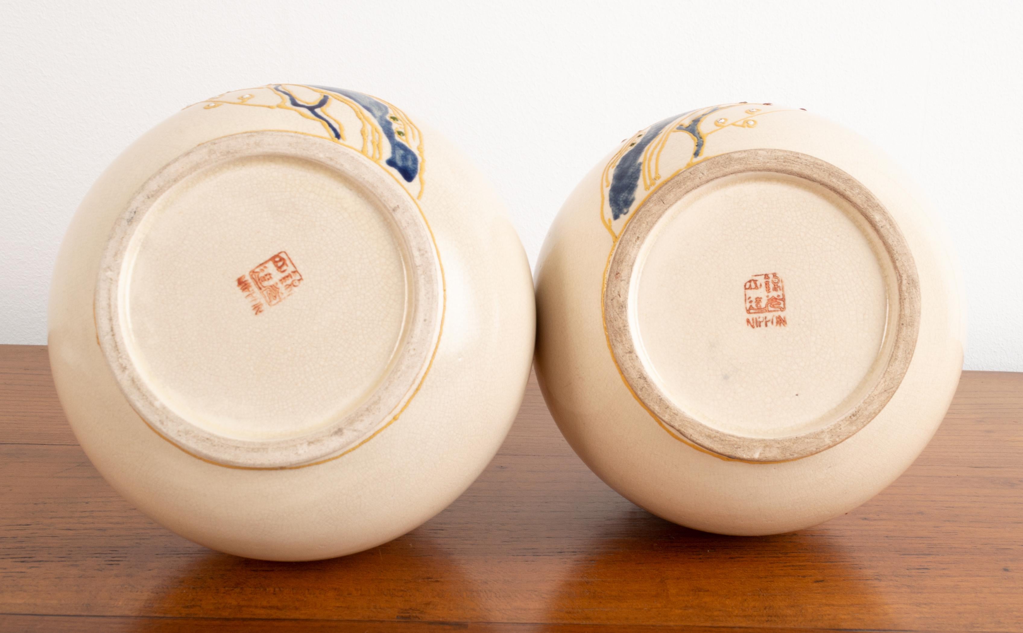 Hand-Painted Pair Japanese Export Vases Japan C.1900 Stamped 'Nippon' For Sale
