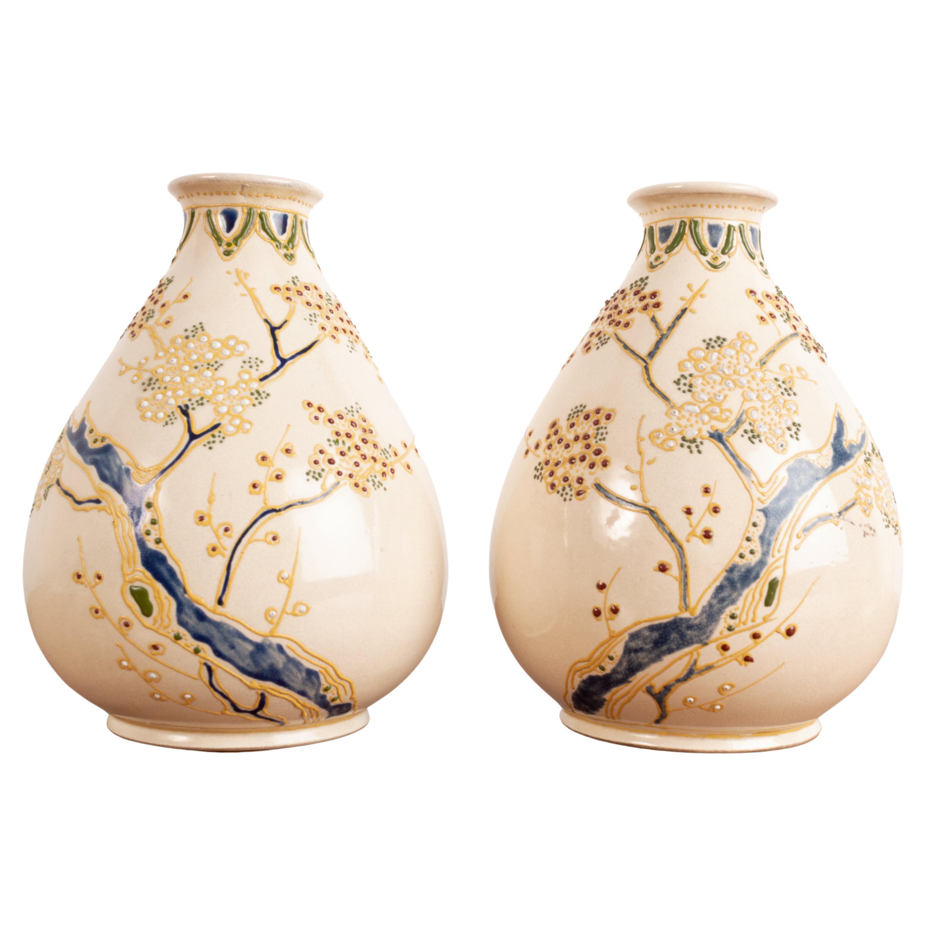 Pair Japanese Export Vases Japan C.1900 Stamped 'Nippon' For Sale