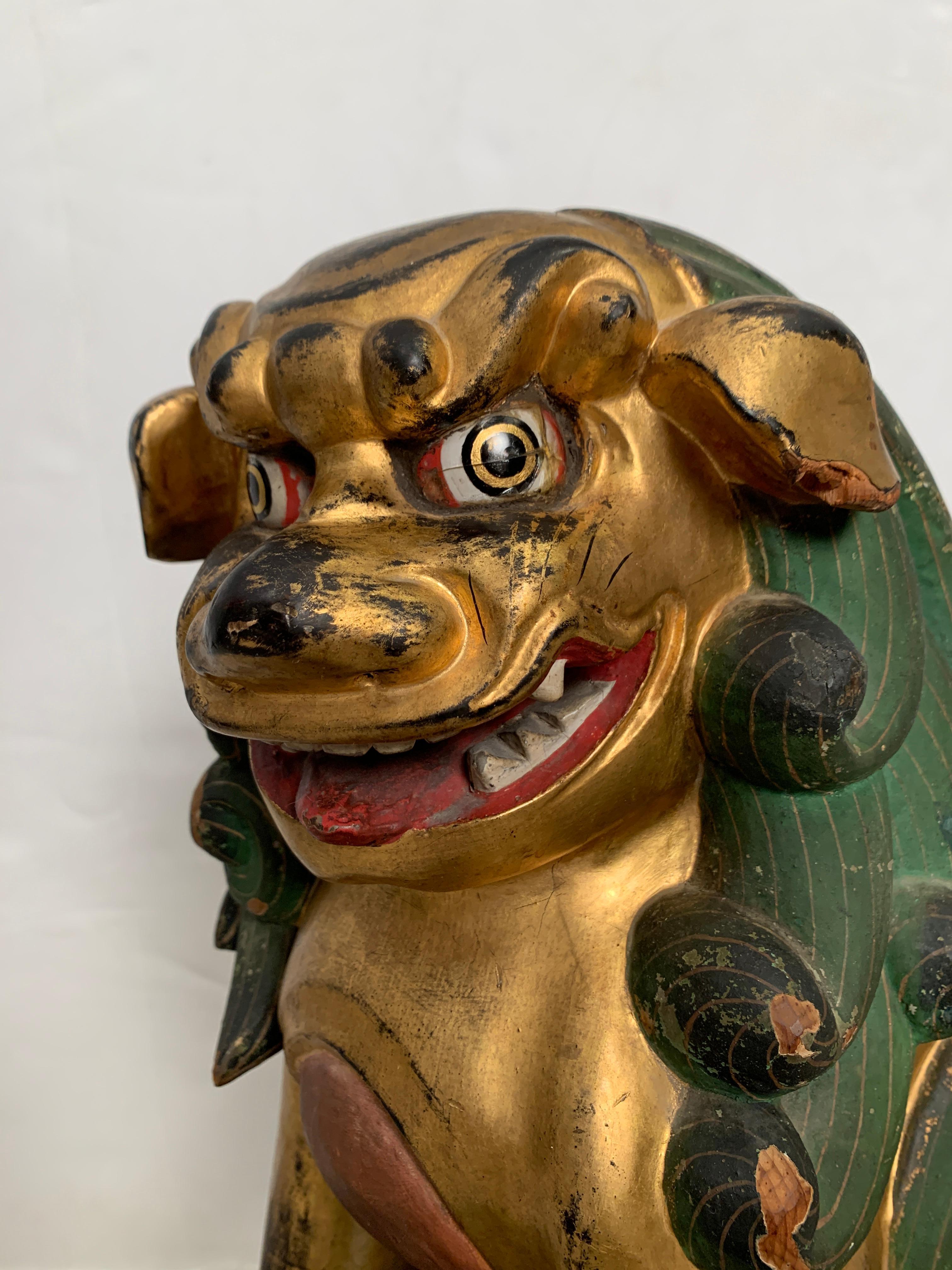 Pair of Japanese Gilt Wood Komainu, Guardian Lions, Early 20th Century, Japan For Sale 7