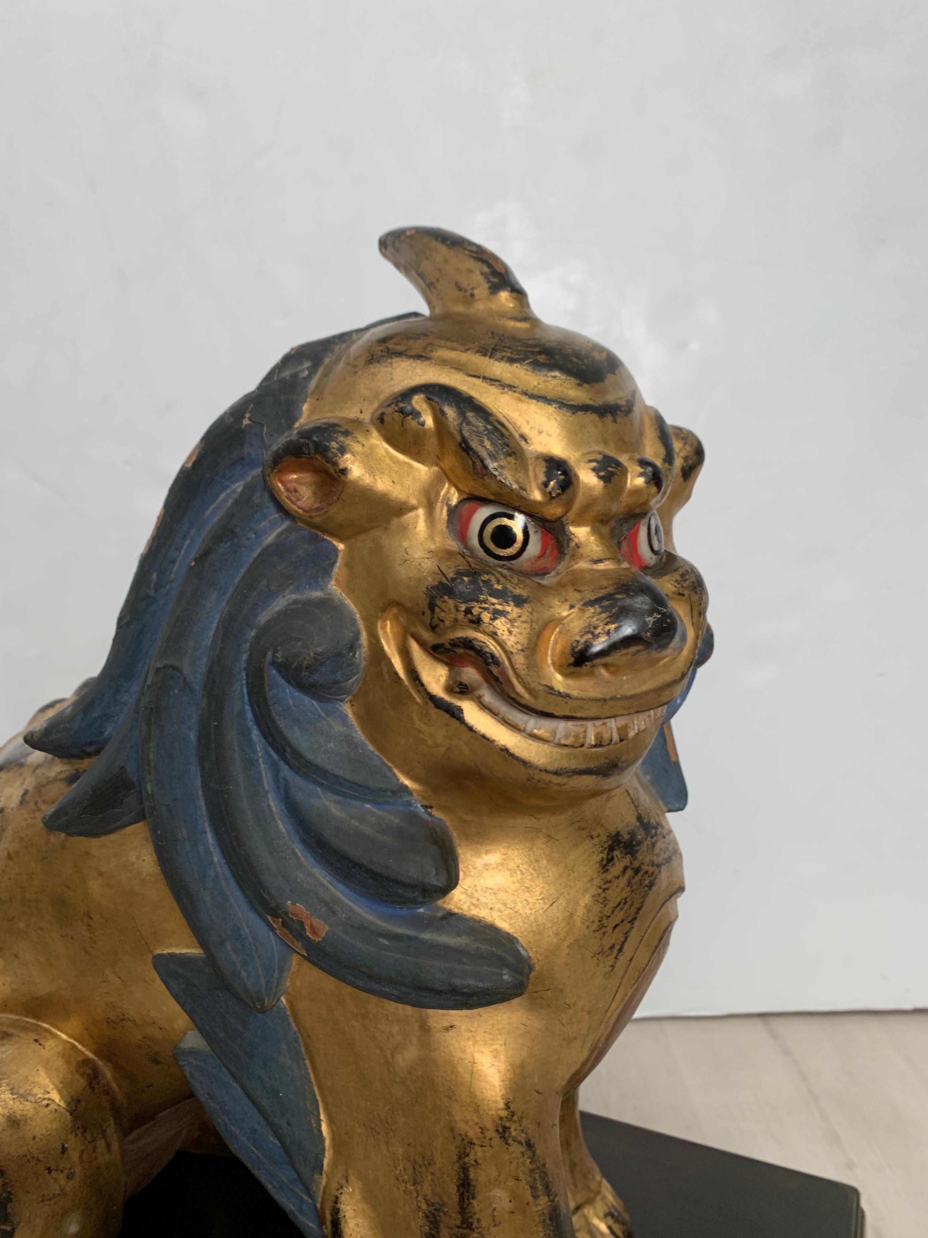 Pair of Japanese Gilt Wood Komainu, Guardian Lions, Early 20th Century, Japan In Fair Condition For Sale In Austin, TX