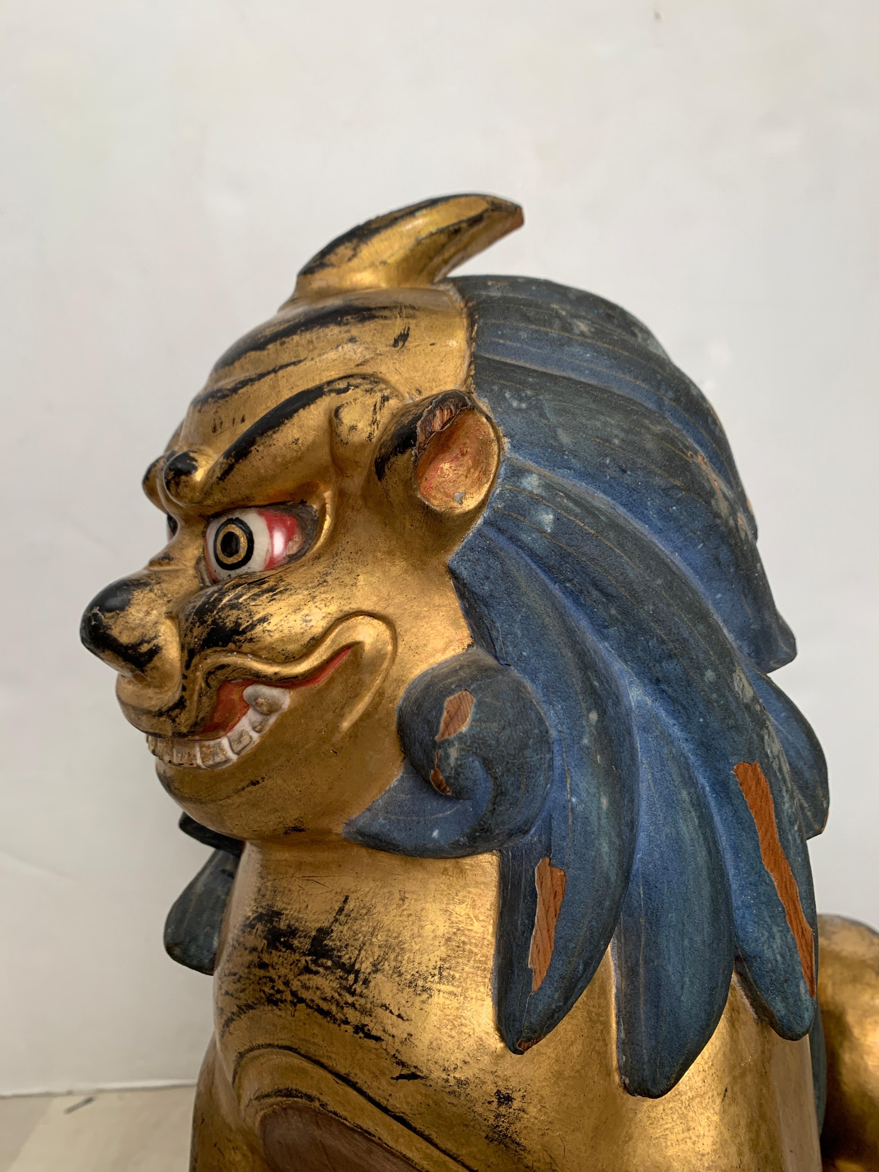 Glass Pair of Japanese Gilt Wood Komainu, Guardian Lions, Early 20th Century, Japan For Sale