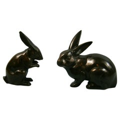 Pair Japanese Hand Cast Playful Garden Rabbits from Old Japan