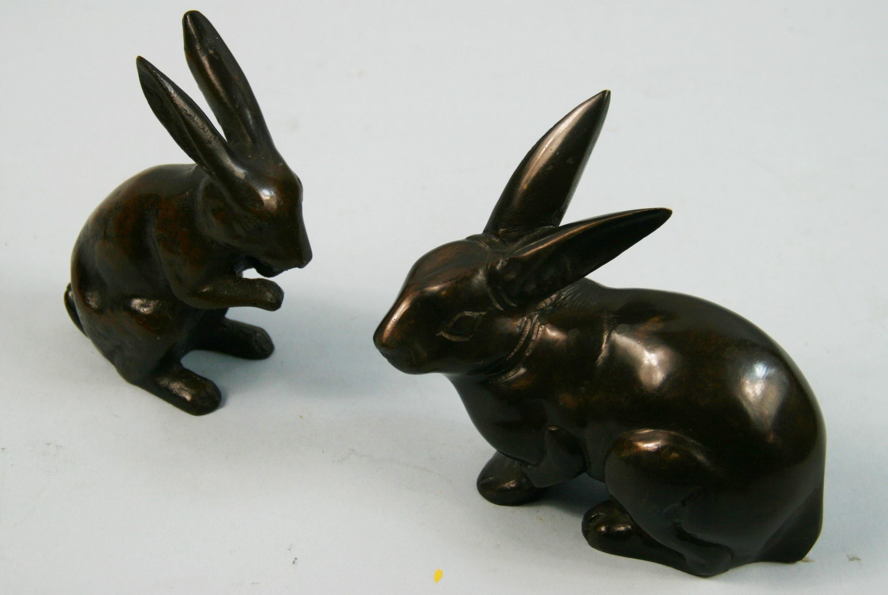 Pair Japanese Hand Cast Playful Garden Rabbits from Old Japan 5