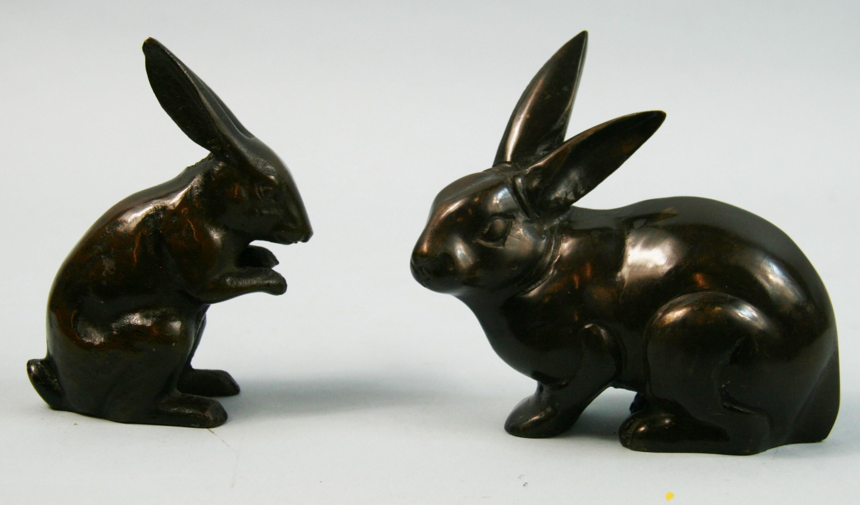 Pair Japanese Hand Cast Playful Garden Rabbits from Old Japan In Good Condition In Douglas Manor, NY
