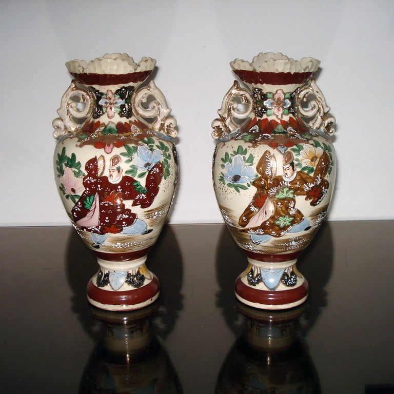 Pair Japanese Handled Pottery Vases Meiji Period For Sale at 1stDibs