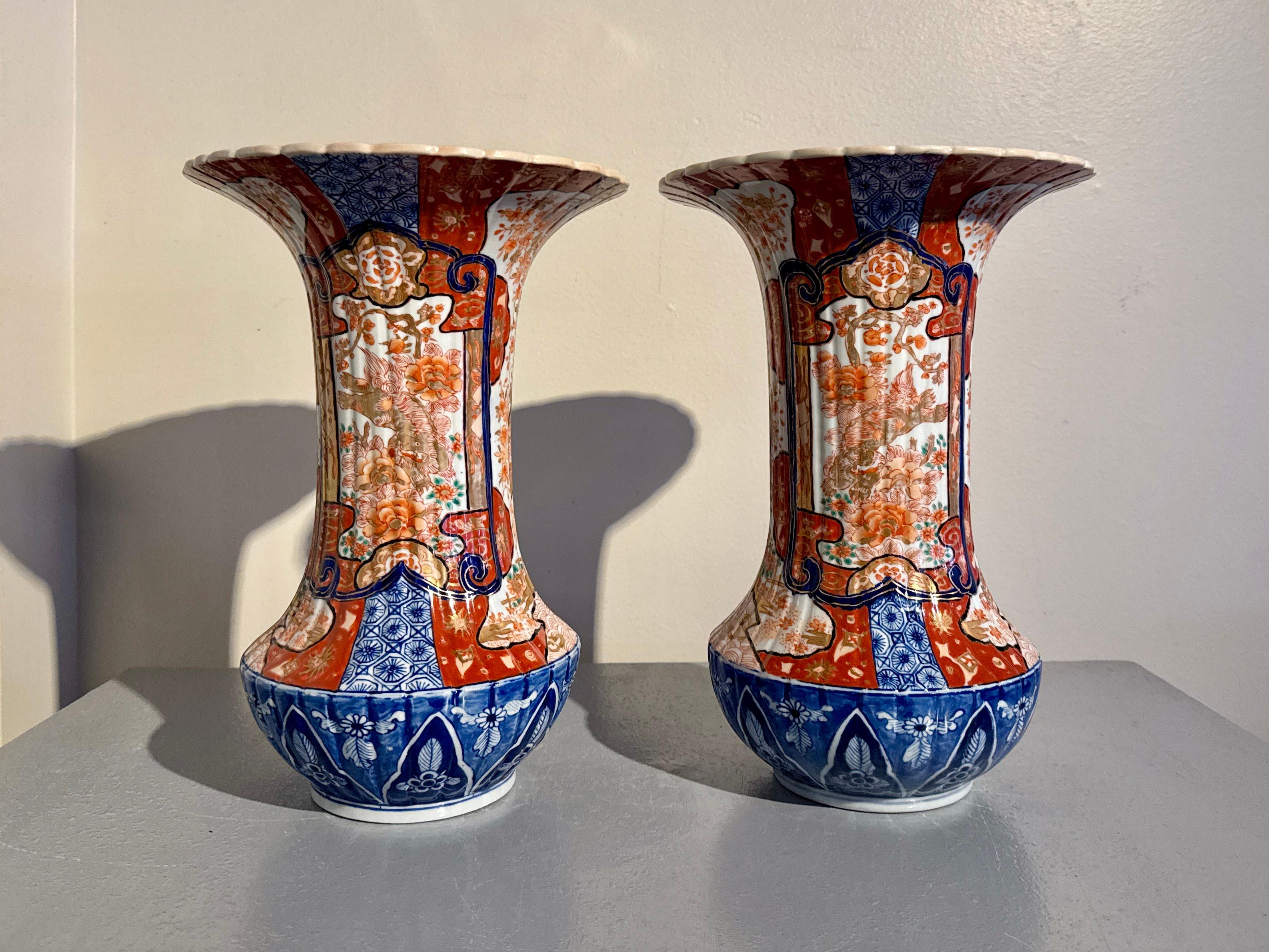 Porcelain Pair Japanese Imari Fluted Trumpet Vases, Meiji Period, circa 1900, Japan For Sale