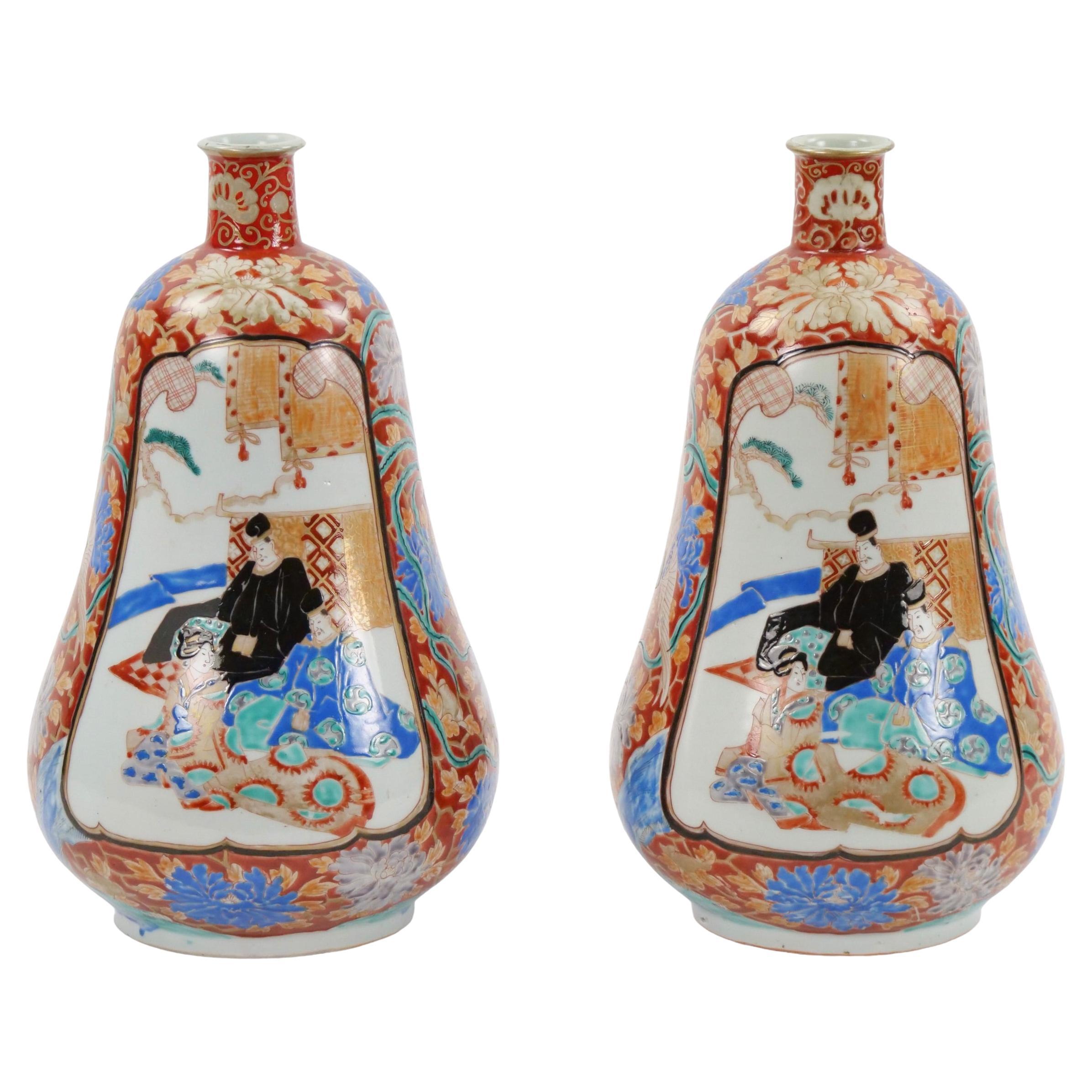 Pair Japanese Imari Gourd Shaped Porcelain Vases For Sale