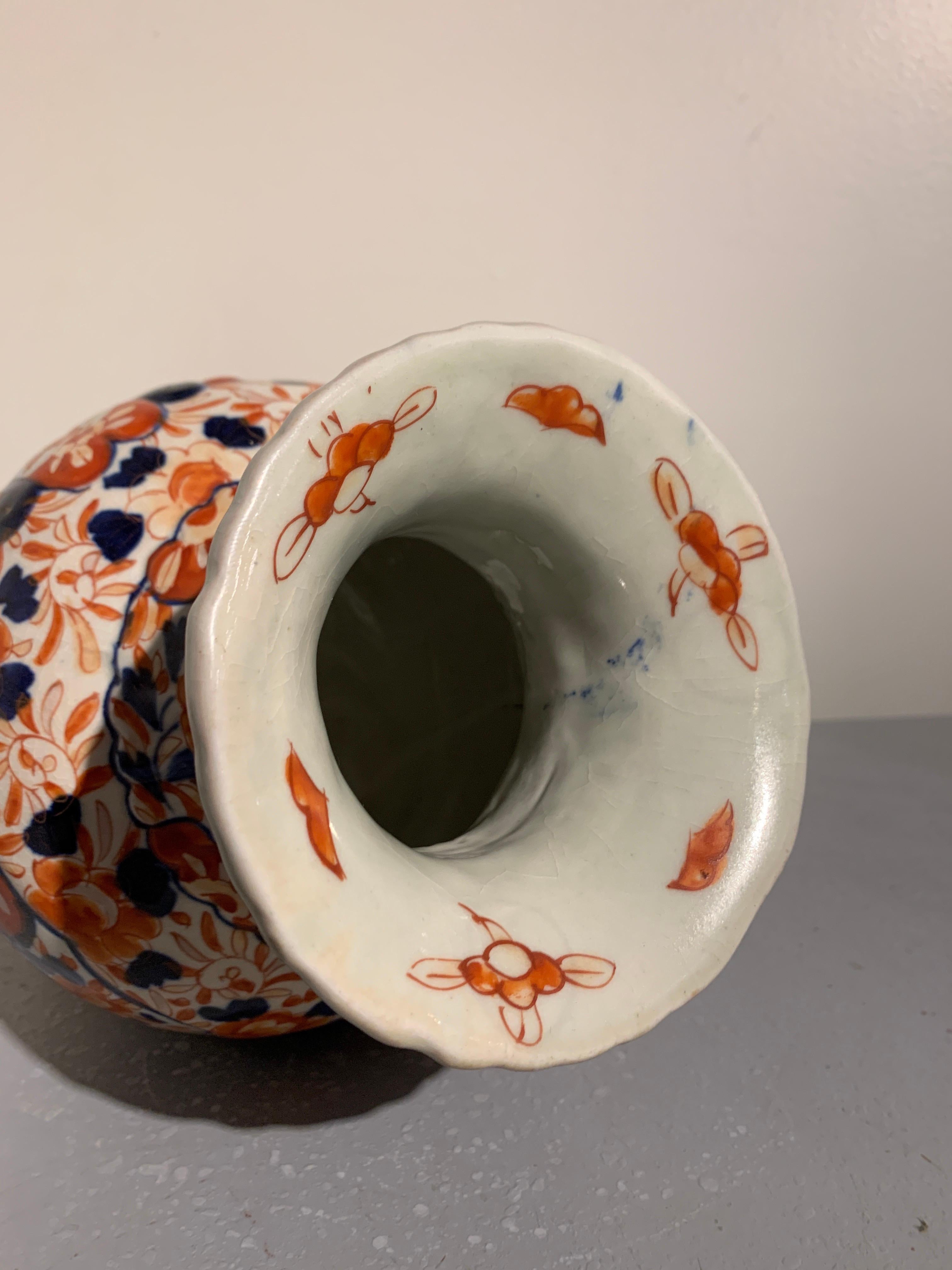 Porcelain Pair of Japanese Imari Ribbed Vases, Meiji Period, circa 1900