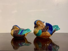 Pair Japanese Kutani Okimono of Mandarin Ducks, Showa Era, Early 20th Century