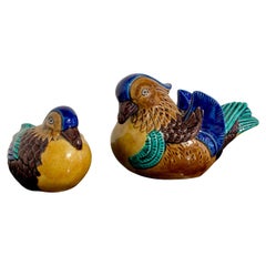 Pair Japanese Kutani Okimono of Mandarin Ducks, Showa Era, Early 20th Century