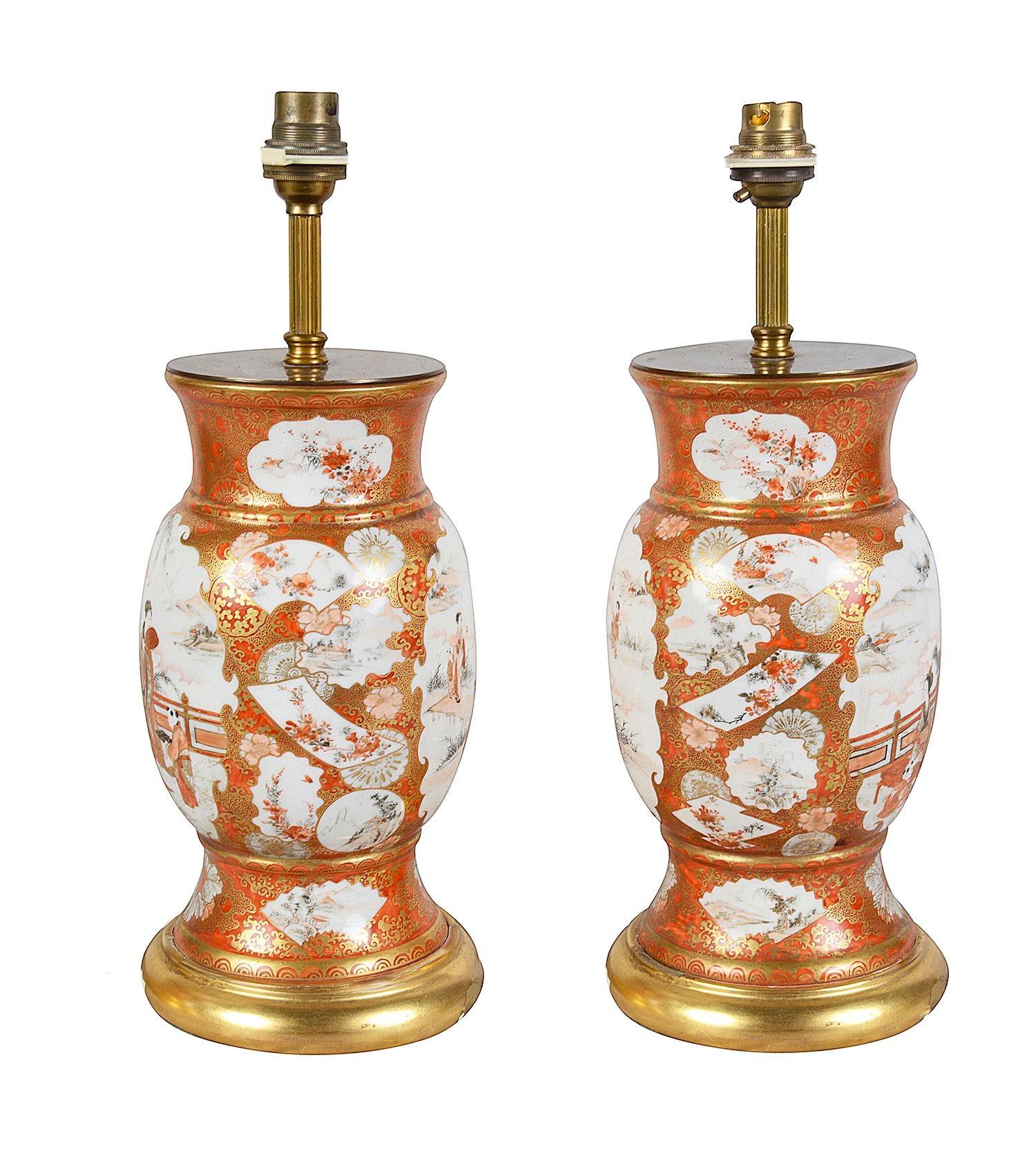 Pair Japanese Kutani porcelain lamps, C19th. For Sale 1