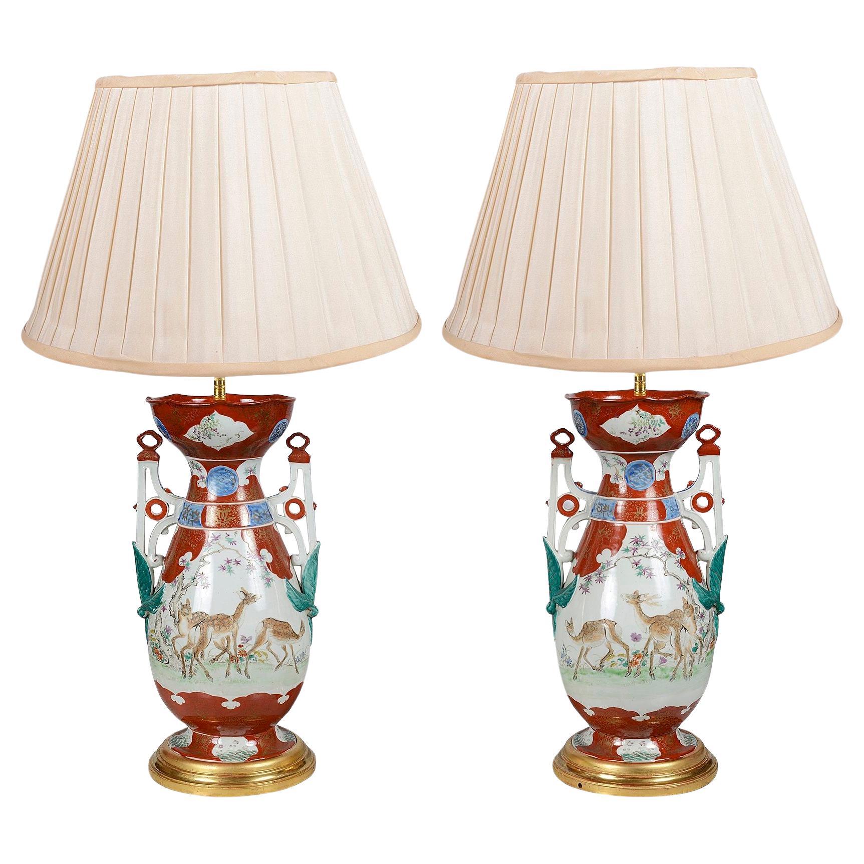 Pareja de lámparas japonesas de porcelana Kutani, S. XIX.