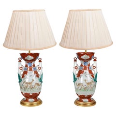 Antique Pair Japanese Kutani porcelain lamps, C19th.
