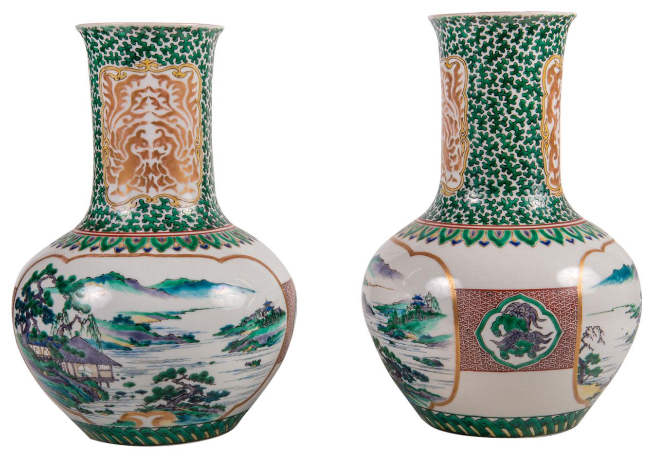 Hand-Painted Pair of Japanese Kutani Porcelain Vases, circa 1900