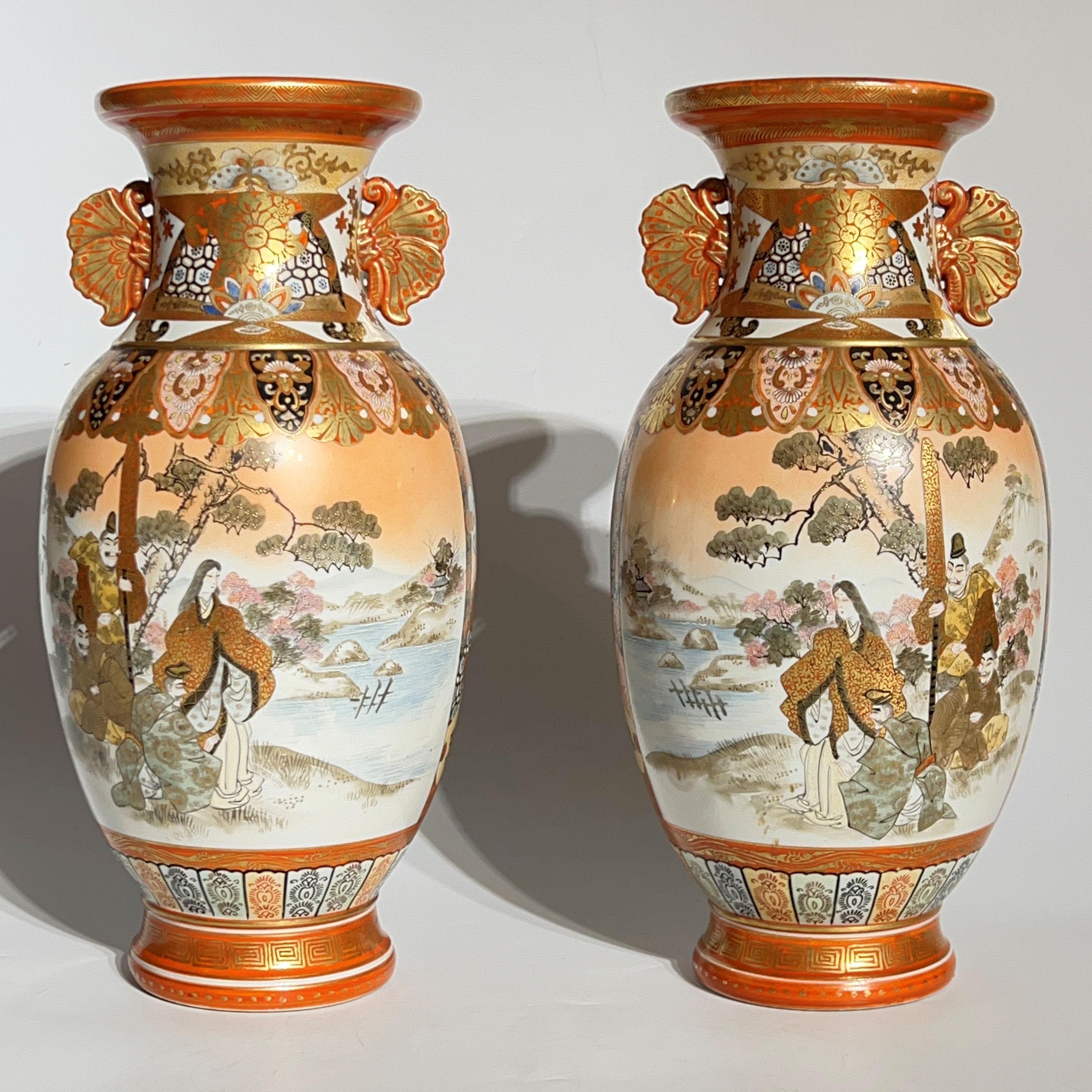 Enameled Pair Japanese Kutani Porcelain Vases For Sale