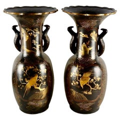 Antique Pair Japanese Lacquer-on-Porcelain Vases