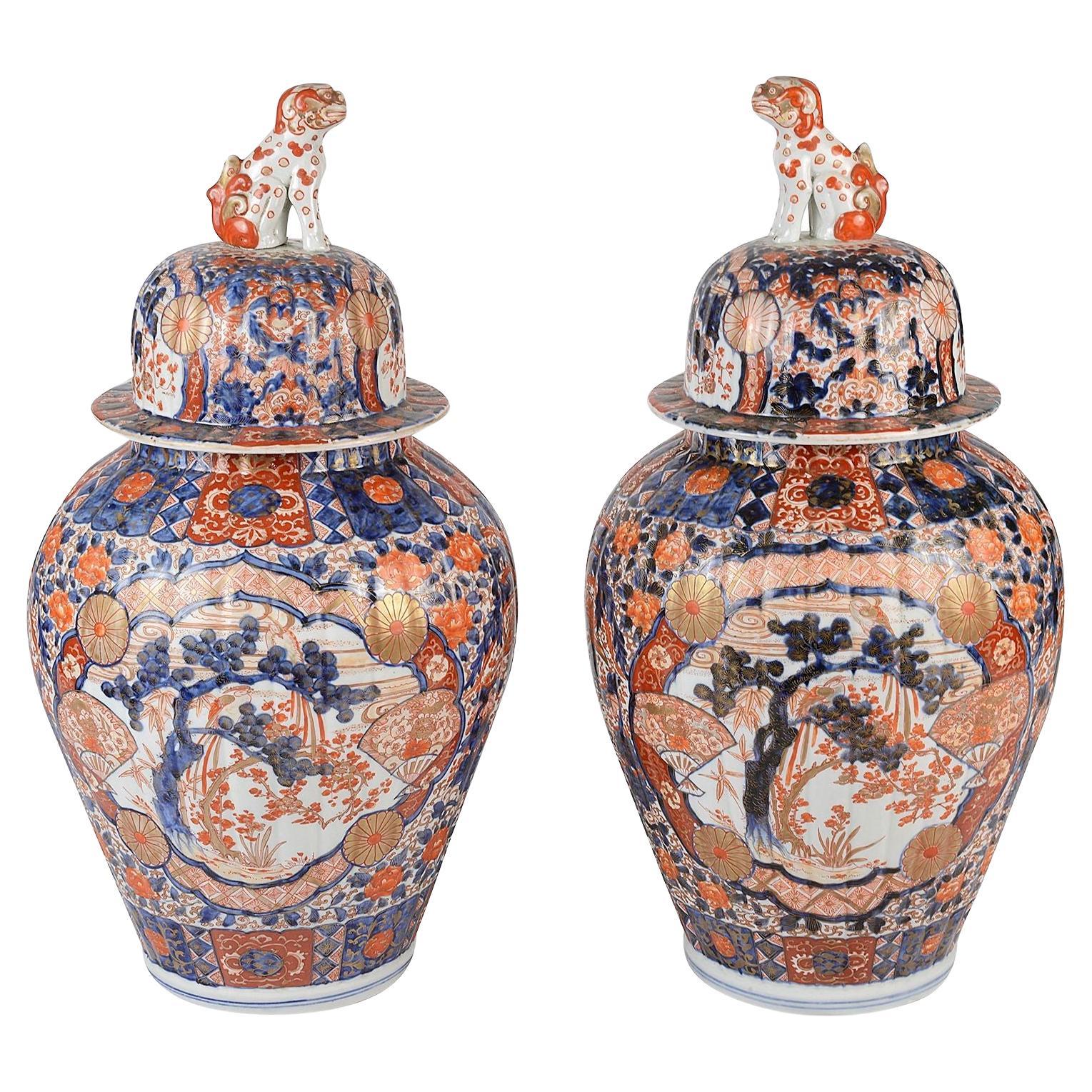 Pair Japanese lidded Imari vases, 19th Century For Sale