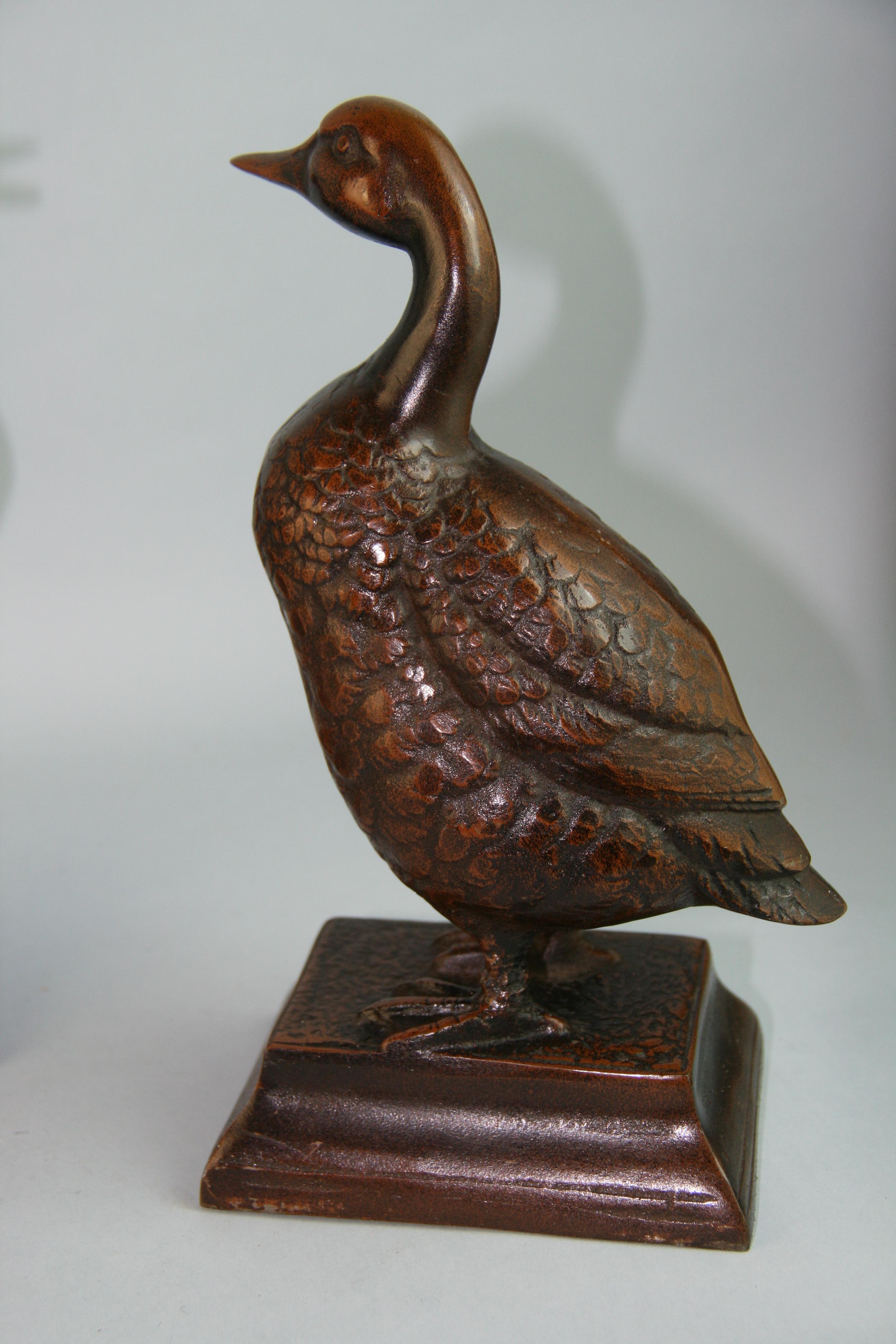 Hand-Crafted Pair Japanese Brass Duck Garden Sculptures/Bookends For Sale