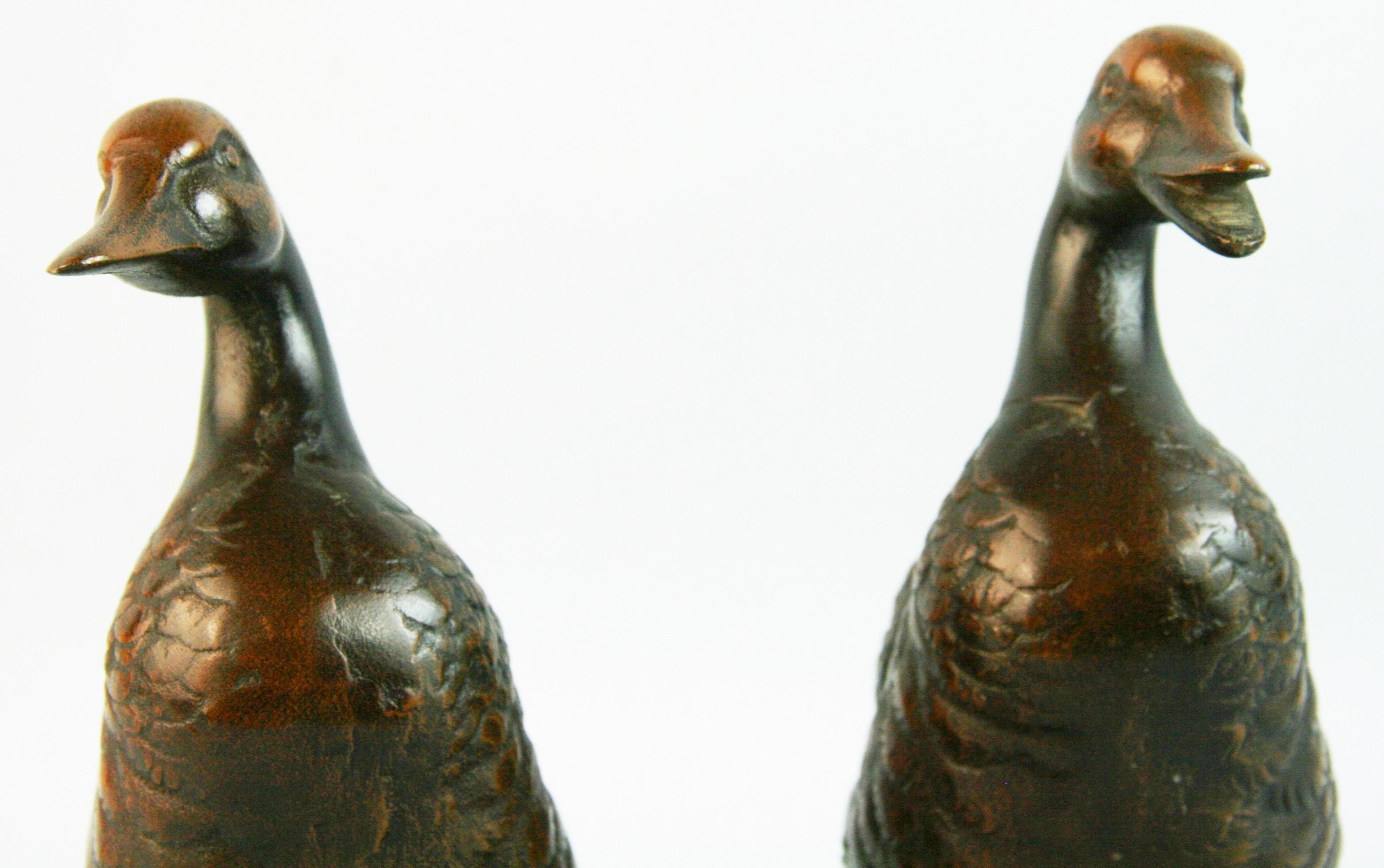 Pair Japanese Brass Duck Garden Sculptures/Bookends For Sale 2
