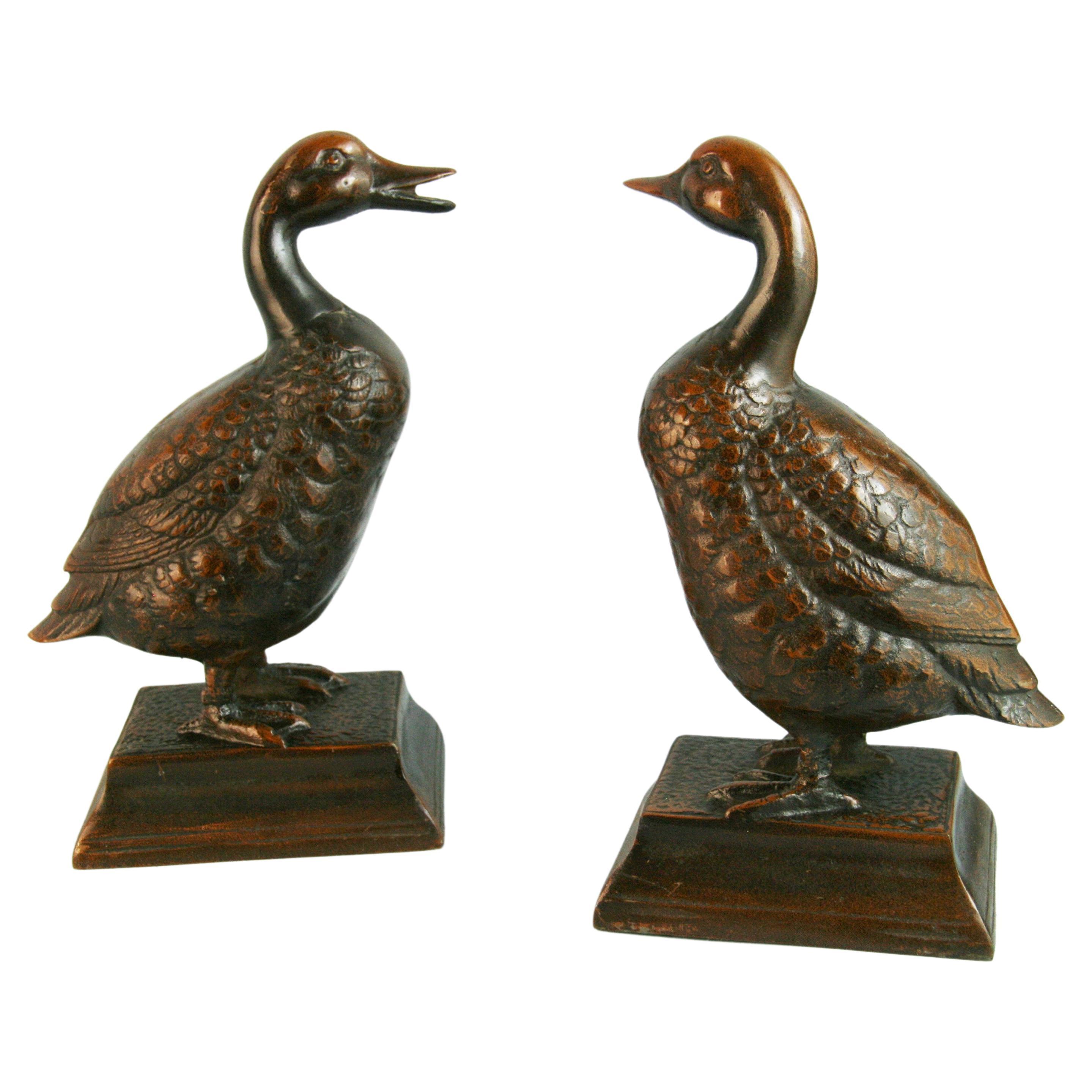 Pair Japanese Brass Duck Garden Sculptures/Bookends For Sale