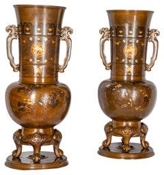 Pair of Japanese Meiji Period Bronze and Gilt Vases