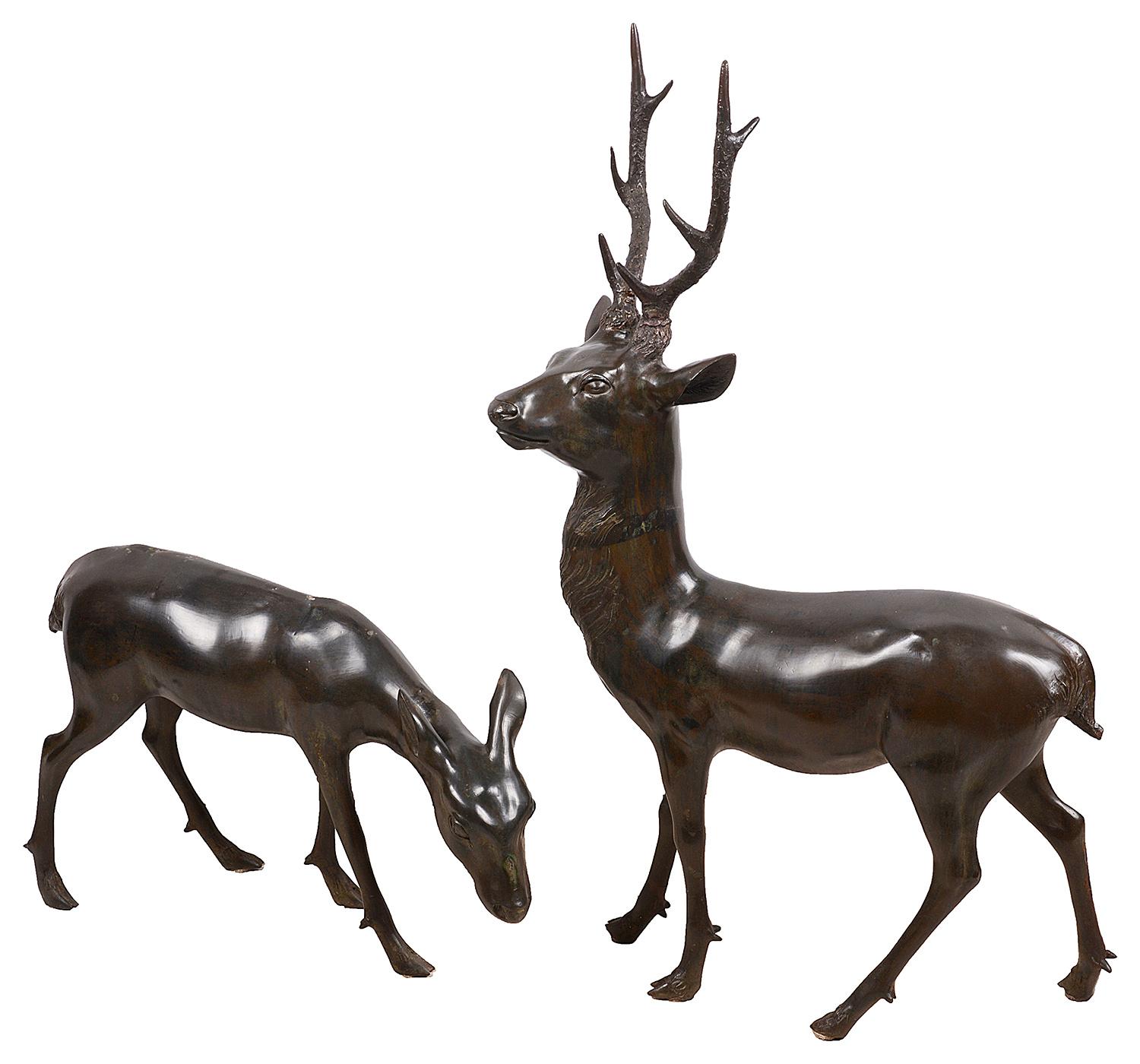 An enchanting pair of Japanese Meiji period (1868-1912) Bronze deer, one feeding while the other is keeping watch. Measures: 41.5