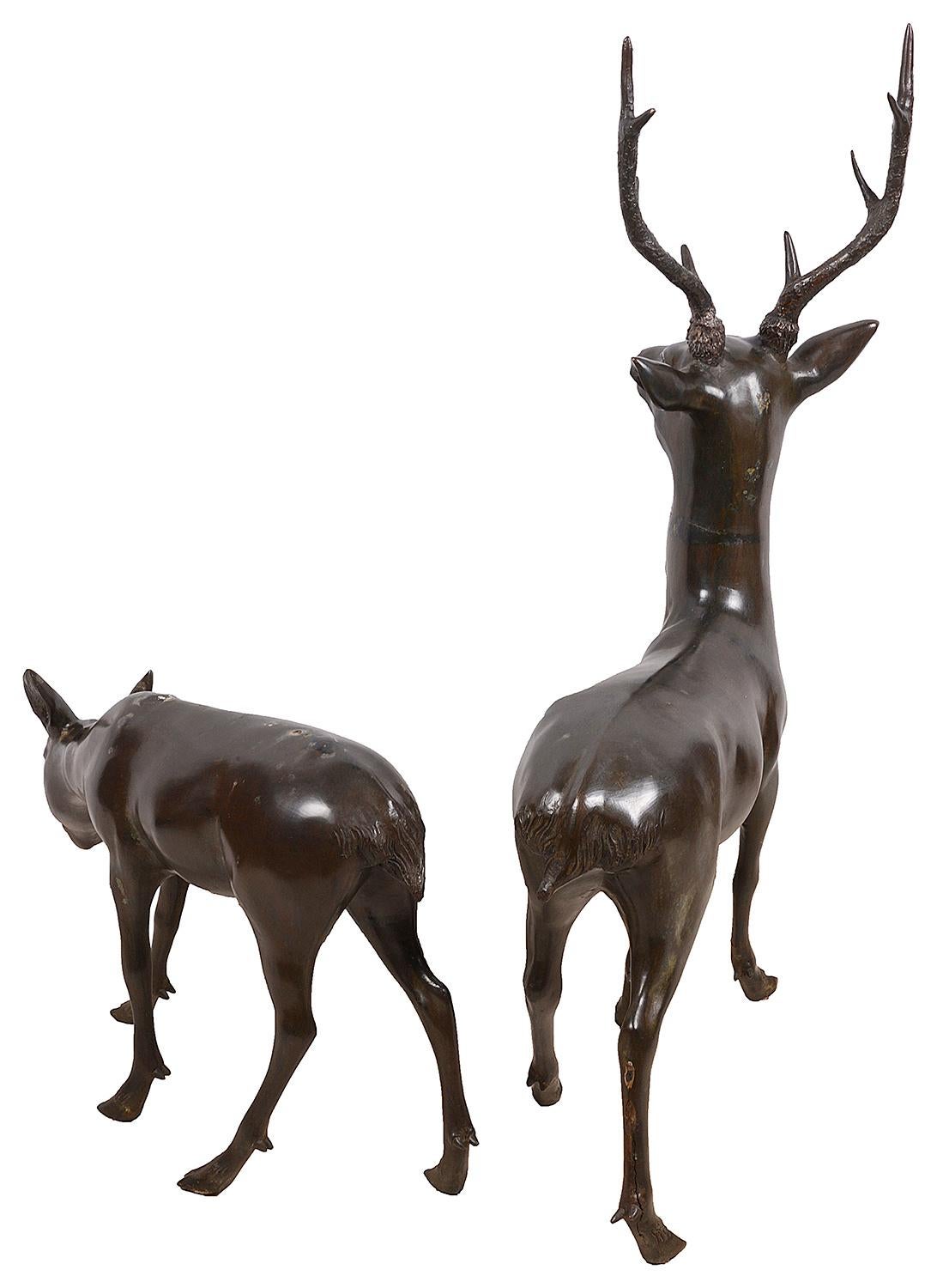 Pair of Japanese Meiji Period Bronze Deer In Good Condition In Brighton, Sussex