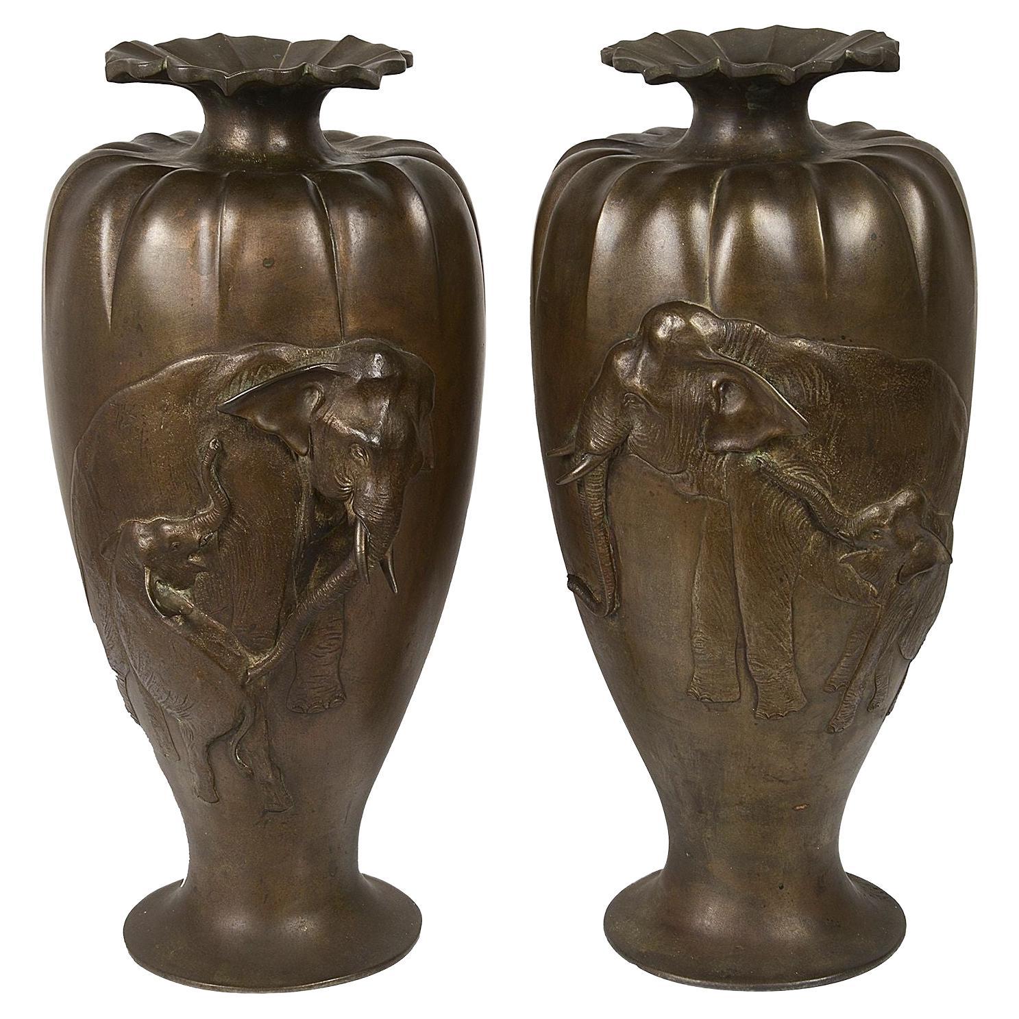 Pair Japanese Meiji Period Bronze Elephant Vases For Sale